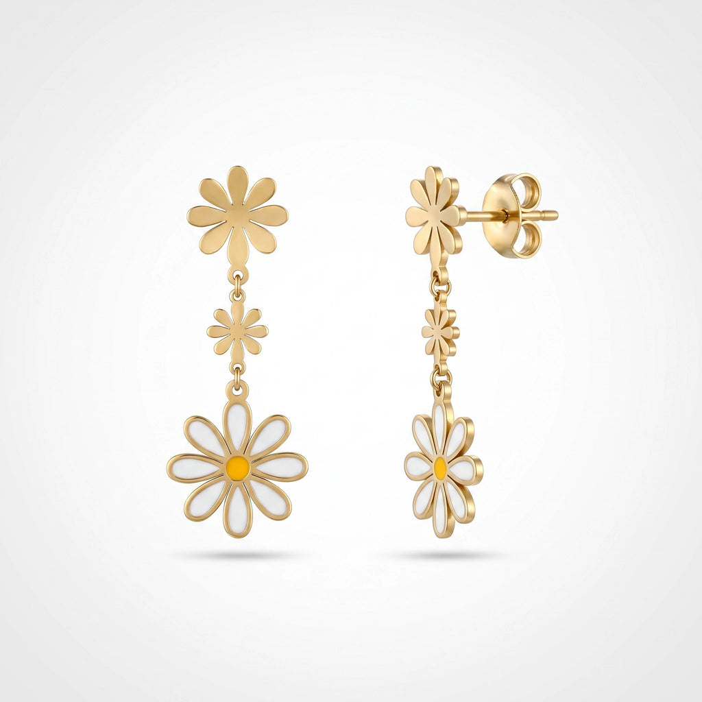 QIAOREN 14547 Triple Daisy Enamel Drop Stud Earrings, Gold Floral Dangle Earrings with White Yellow Enamel Jewelry