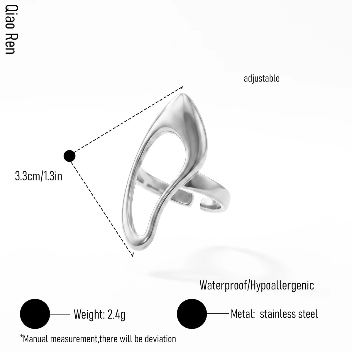 QIAOREN 14284-93 Abstract Irregular Wavy Open Cuff Ring Set, Adjustable Stackable Statement Rings, Stainless Steel Jewelry Gift