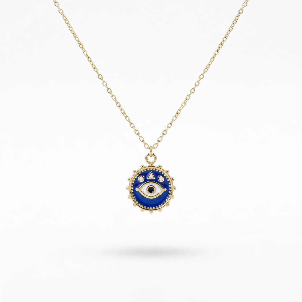 QIAOREN  12816 Tarnish Free 18K Gold Blue Necklace Round Nazar Medallion Pendant 316L Surgical Steel Spiritual Jewelry