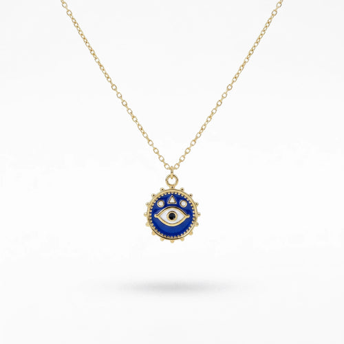 QIAOREN  12816 Tarnish Free 18K Gold Blue Necklace Round Nazar Medallion Pendant 316L Surgical Steel Spiritual Jewelry