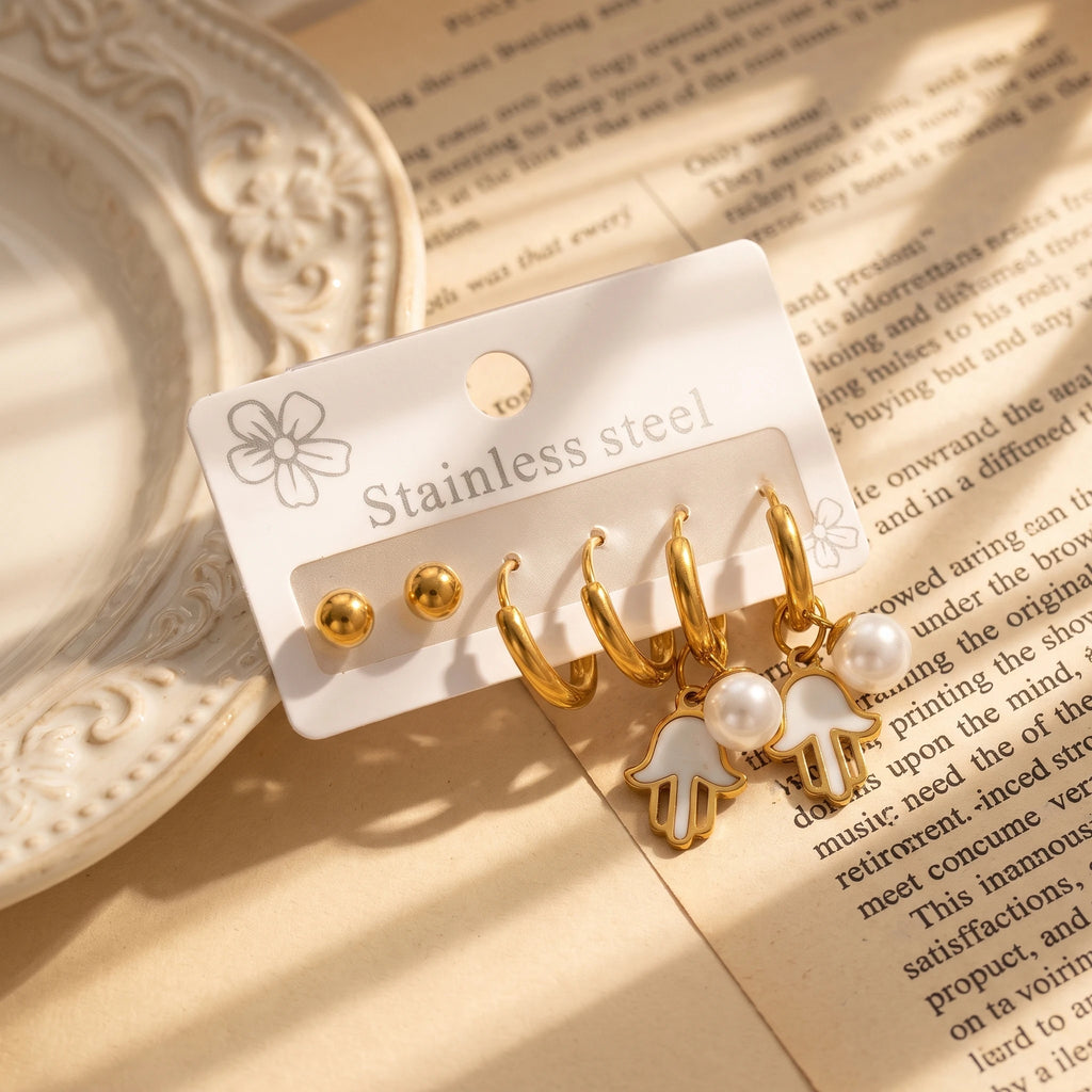 QIAOREN 14500 3 Pcs Stainless Steel Hamsa Hand Drop Earrings, Pearl Huggie Hoops, Ball Stud Earrings, Enamel Hand Charm Earrings