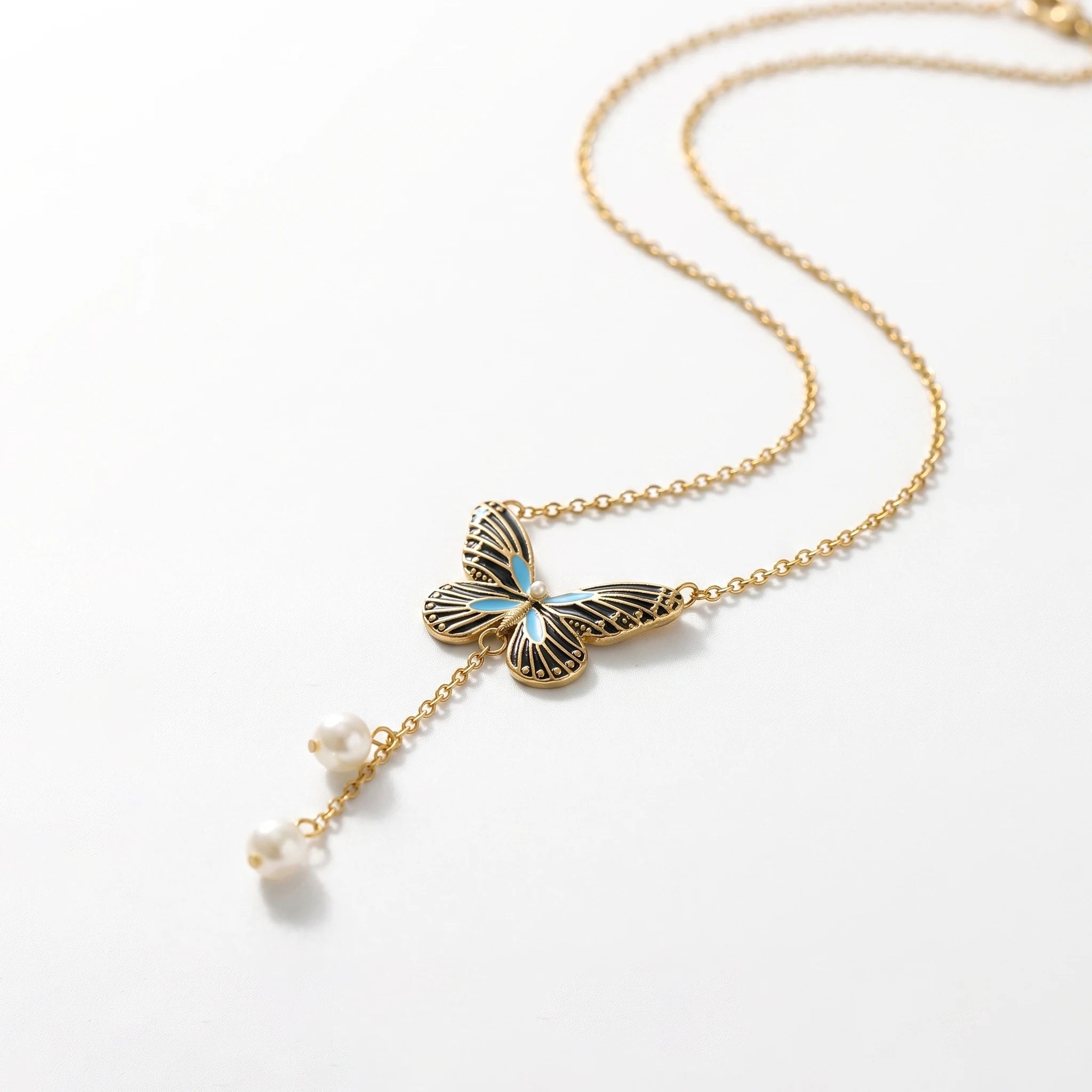 QIAOREN 13470 Vintage Enamel Butterfly Y Drop Necklace with Two Dangle Pearl Charms, Elegant Retro Neck Jewelry Gift