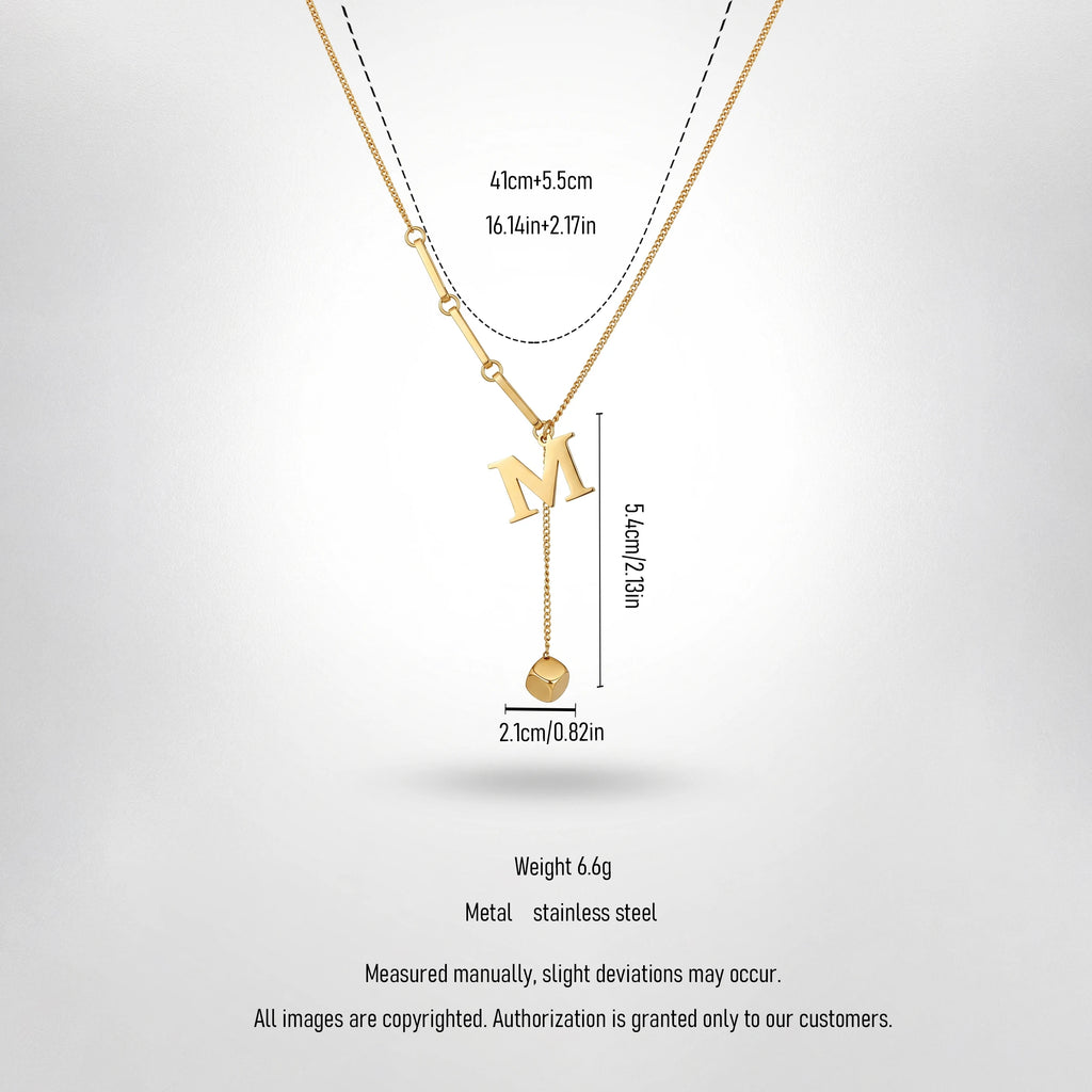 QIAOREN 13465 Personalized Letter M Y Drop Necklace with Square Cube Charm, Dainty Mixed Link Chain Initial Necklace