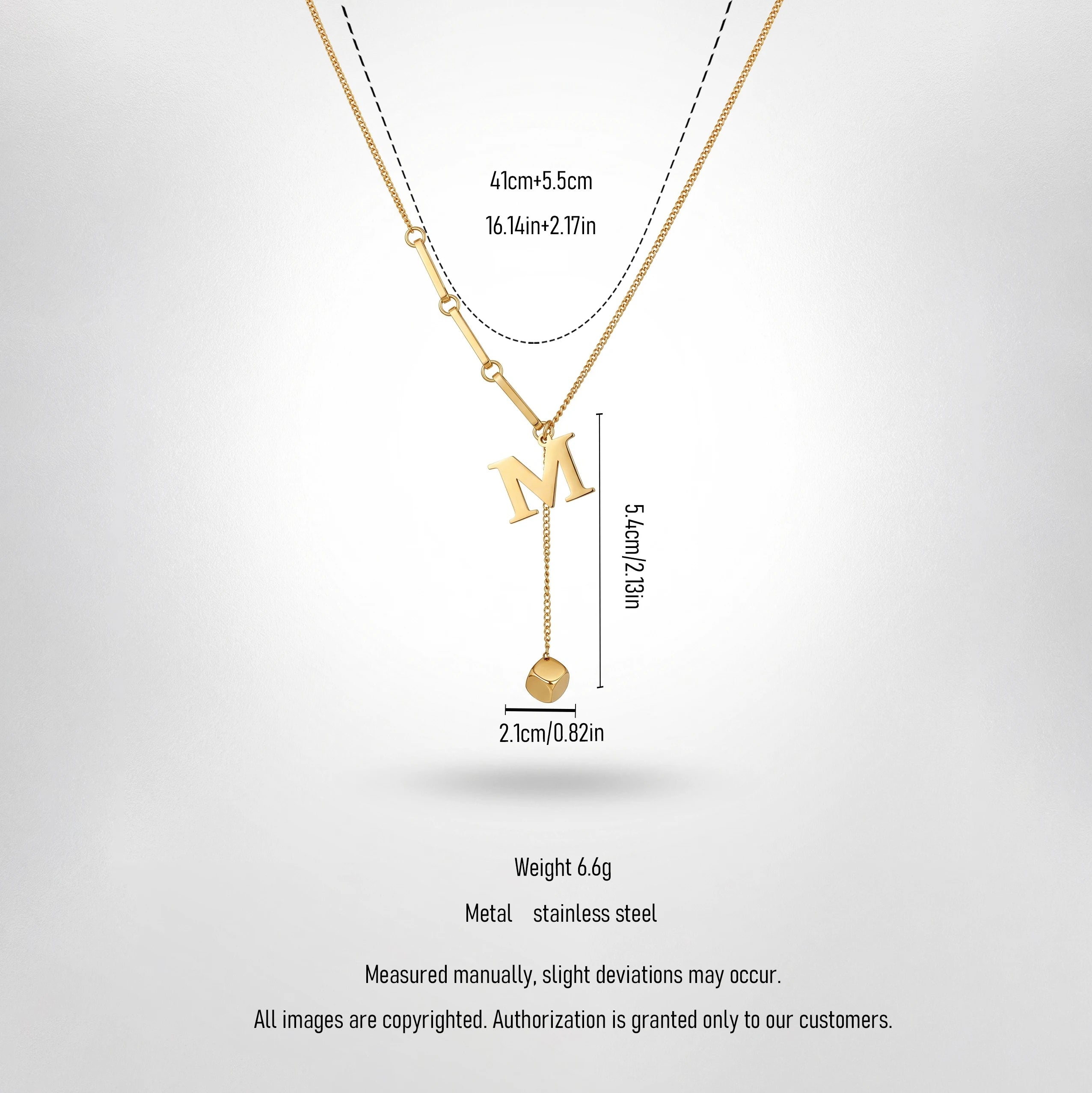 QIAOREN 13465 Personalized Letter M Y Drop Necklace with Square Cube Charm, Dainty Mixed Link Chain Initial Necklace