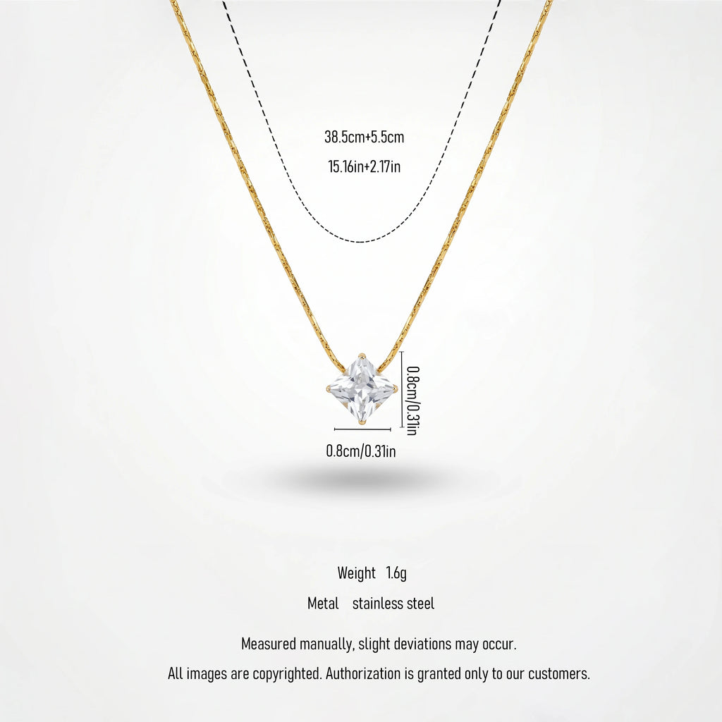 QIAOREN 13170 Stainless Steel Princess Cut CZ Pendant Necklace Gold Plated Elegant Solitaire Jewelry for Women