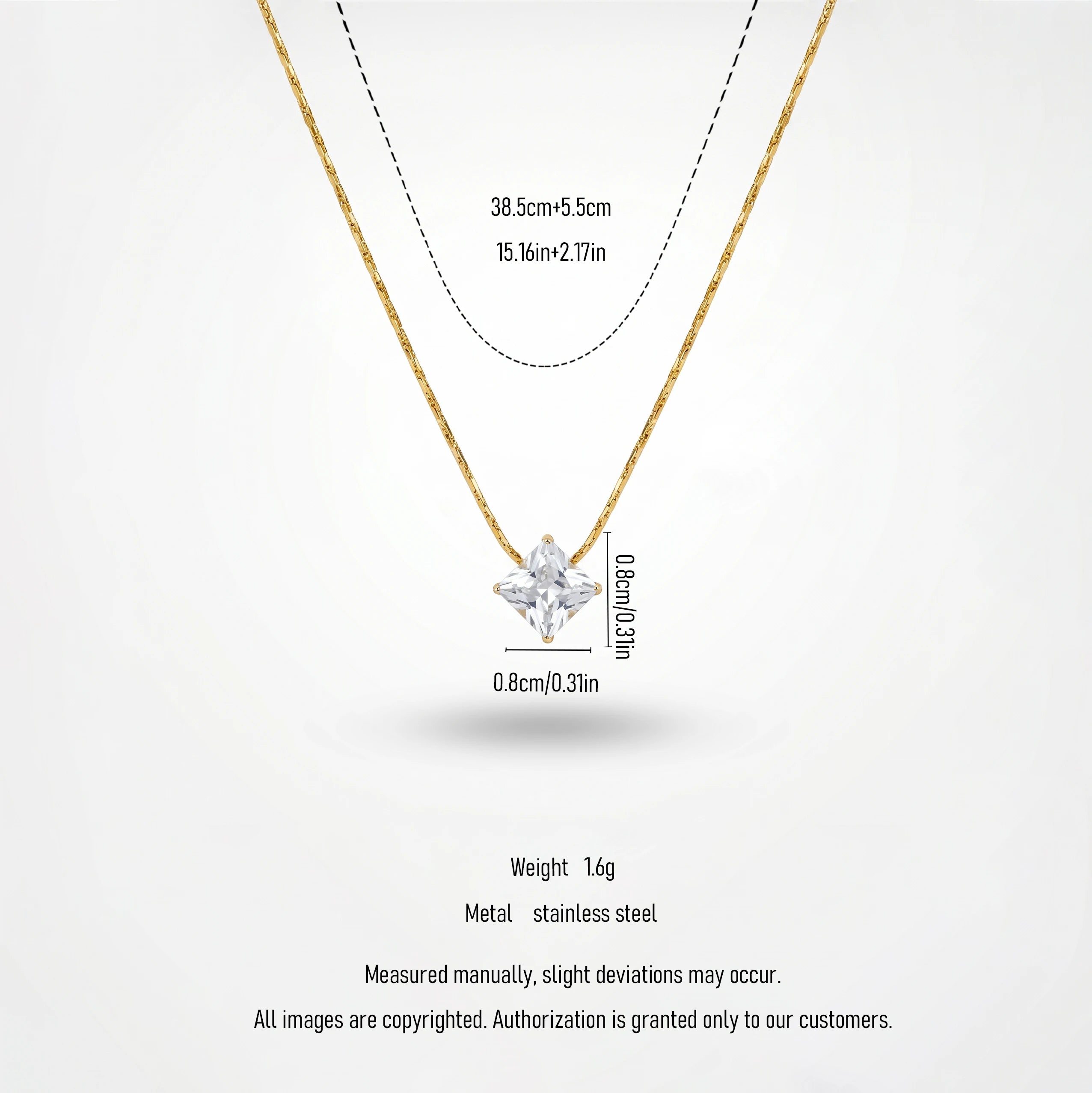 QIAOREN 13170 Stainless Steel Princess Cut CZ Pendant Necklace Gold Plated Elegant Solitaire Jewelry for Women