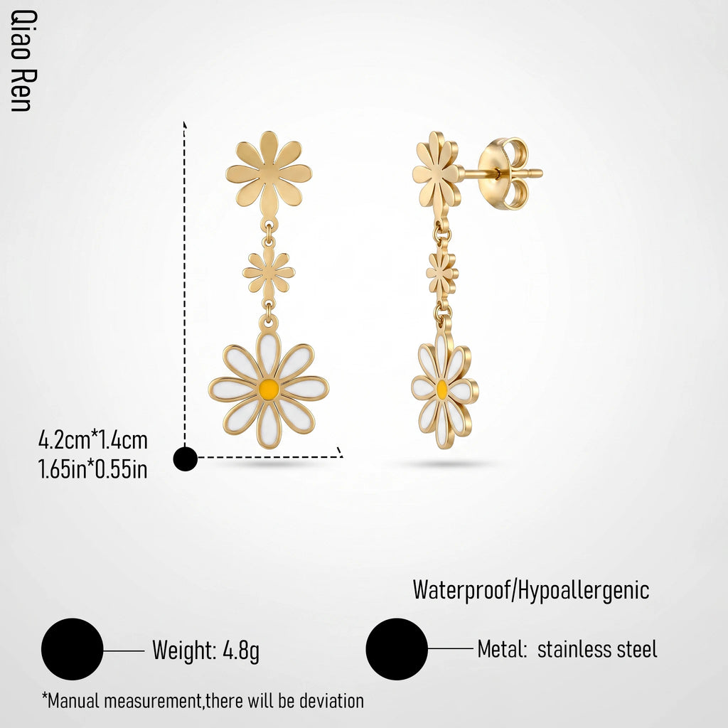 QIAOREN 14547 Triple Daisy Enamel Drop Stud Earrings, Gold Floral Dangle Earrings with White Yellow Enamel Jewelry