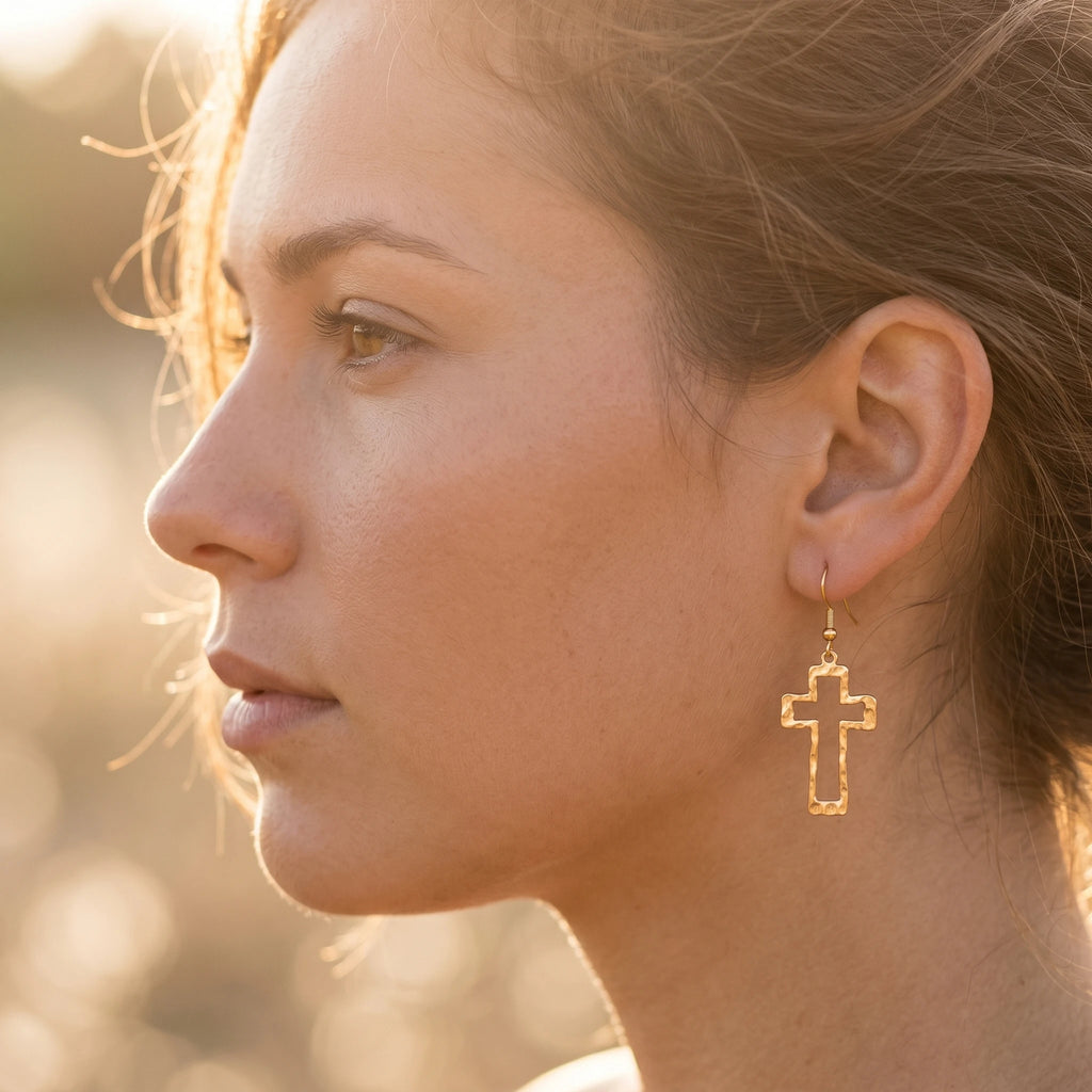 QIAOREN 10584 Hollow Cross Drop Earrings 18K Gold Plated Stainless Steel Waterproof Tarnish Free Trendy Party Religious Jewelry