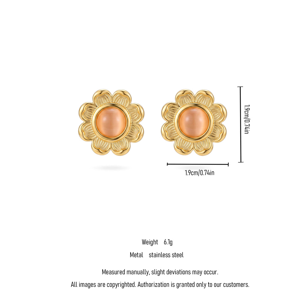 QIAOREN 13267 Gold Tone Daisy Flower Stud Earrings Inlaid Round Pink Cat Eye Stone Sunflower Shape Pin Studs Warm Retro Gentle