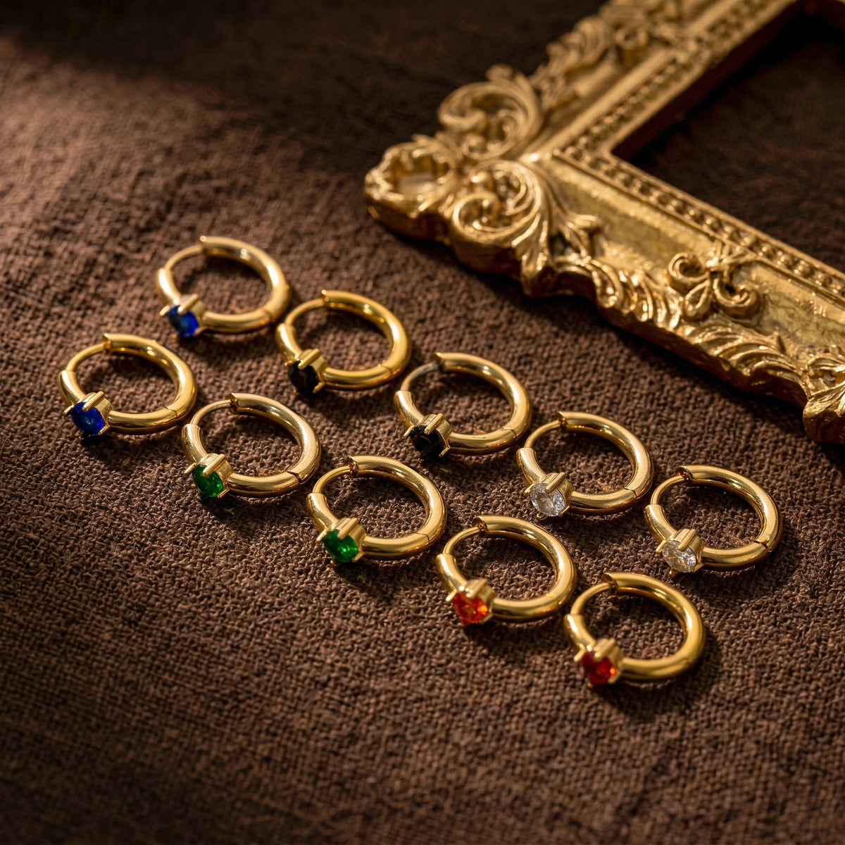 QIAOREN 12130-34 Assorted Round Colored Gem Stainless Steel Small Hoop Earrings PVD Gold Hypoallergenic Ear Buckle