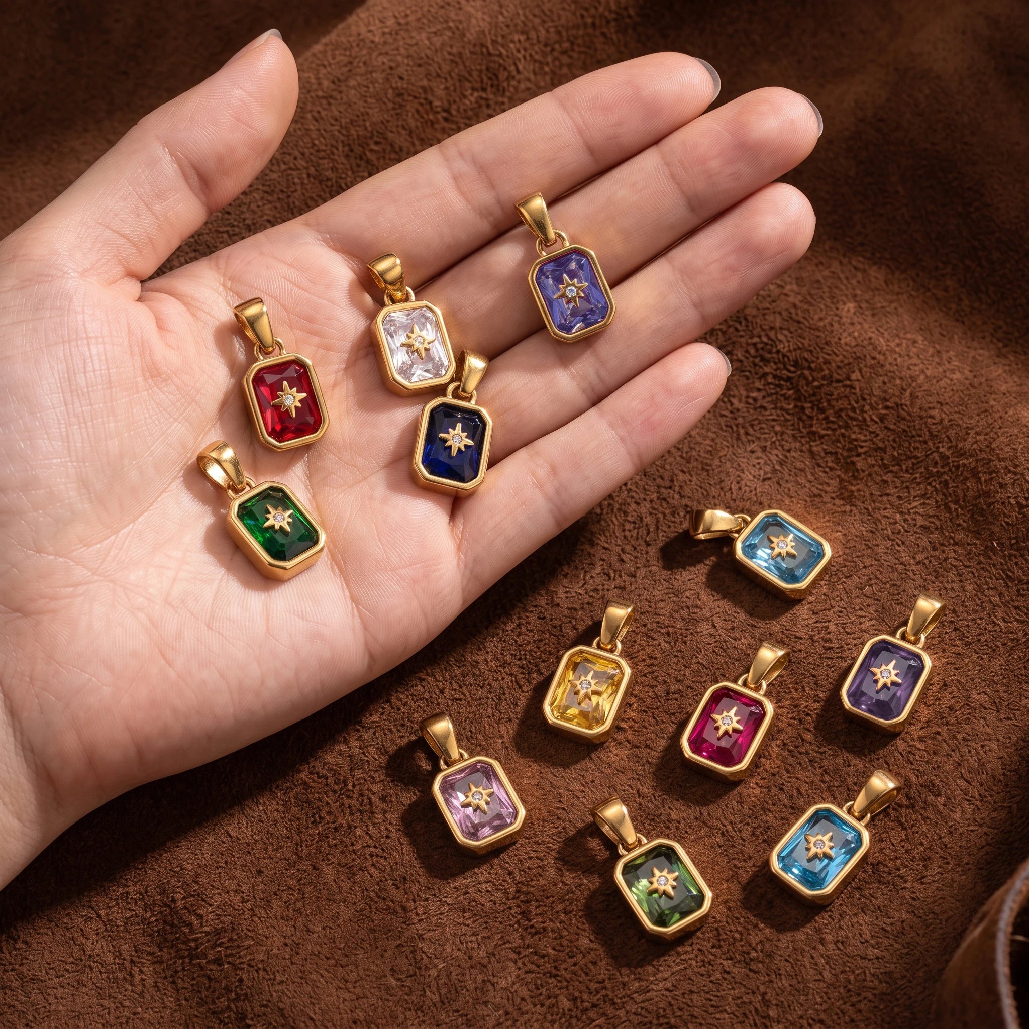 QIAOREN 13882-93 Polished Gold Vintage Birthstone Rectangle Charm for Necklace Making DIY Jewelry Gift
