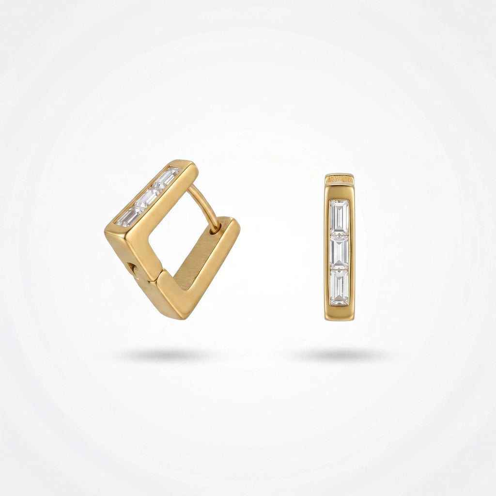 QIAOREN 12342 Waterproof Tarnish Free Square Hoop Earrings Gold Stainless Steel Matte Baguette Zirconia Hinged Huggies Women