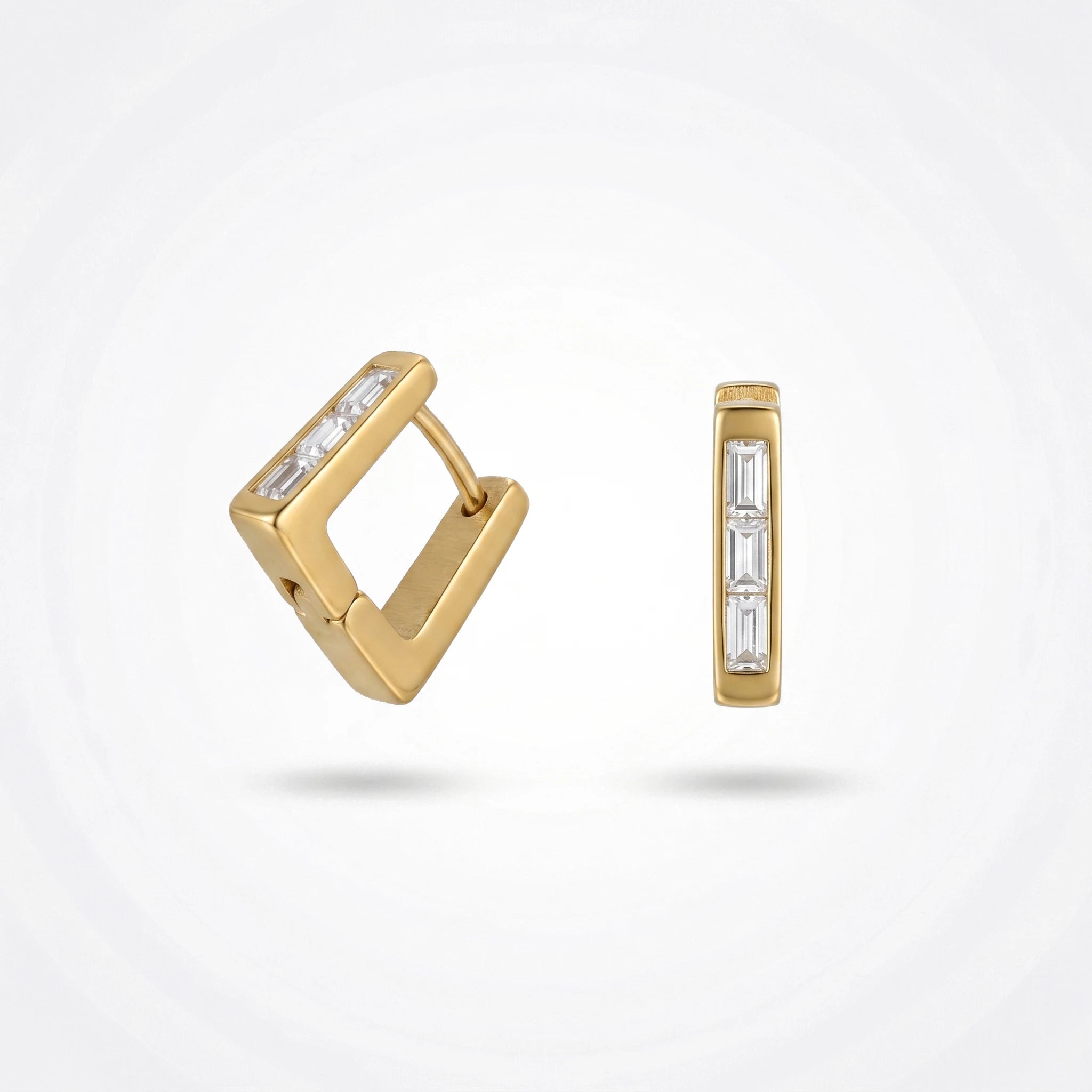 QIAOREN 12342 Waterproof Tarnish Free Square Hoop Earrings Gold Stainless Steel Matte Baguette Zirconia Hinged Huggies Women