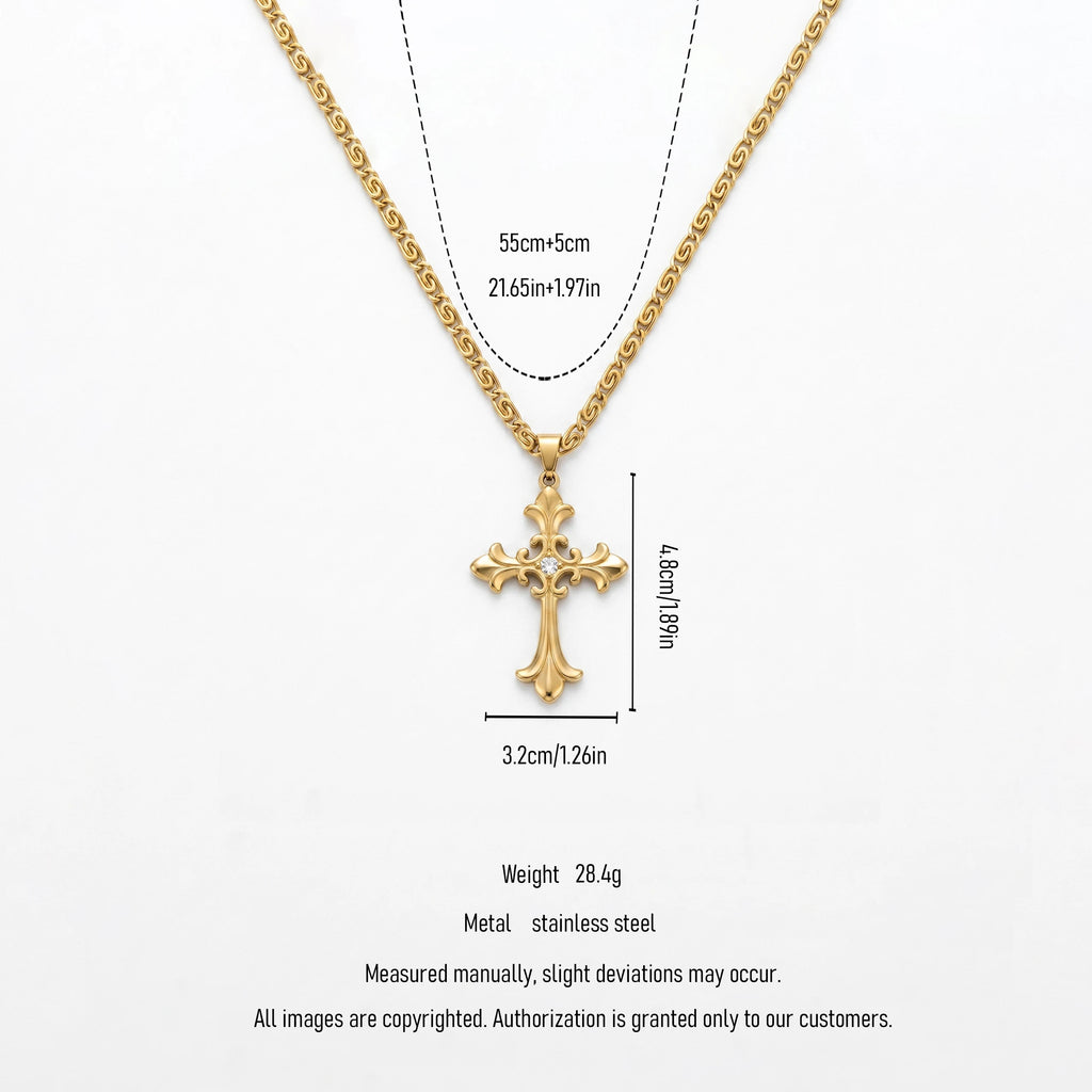 QIAOREN 11969 Wholesale 18K Gold Plated Stainless Steel Cross Pendant Necklace Vintage Engraved Floral Link Chain Engagement