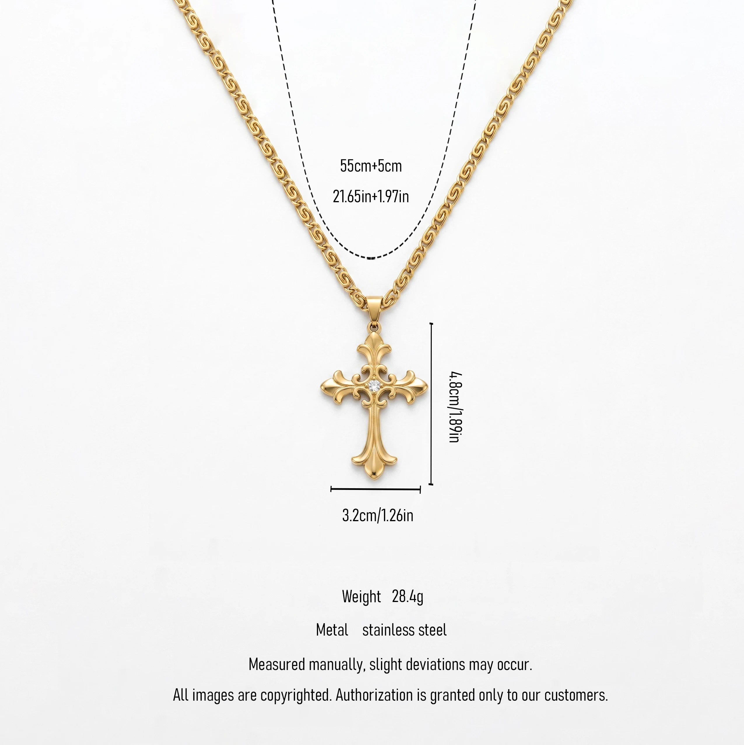 QIAOREN 11969 Wholesale 18K Gold Plated Stainless Steel Cross Pendant Necklace Vintage Engraved Floral Link Chain Engagement
