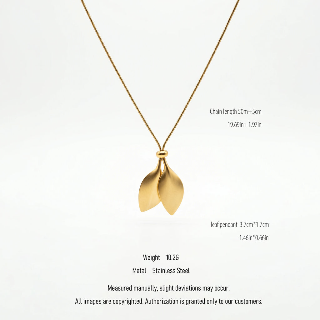 QIAOREN 10625 Trendy Stainless Steel Double Leaf Pendant Necklace Gold Plated Link Chain for Women Party Occasion