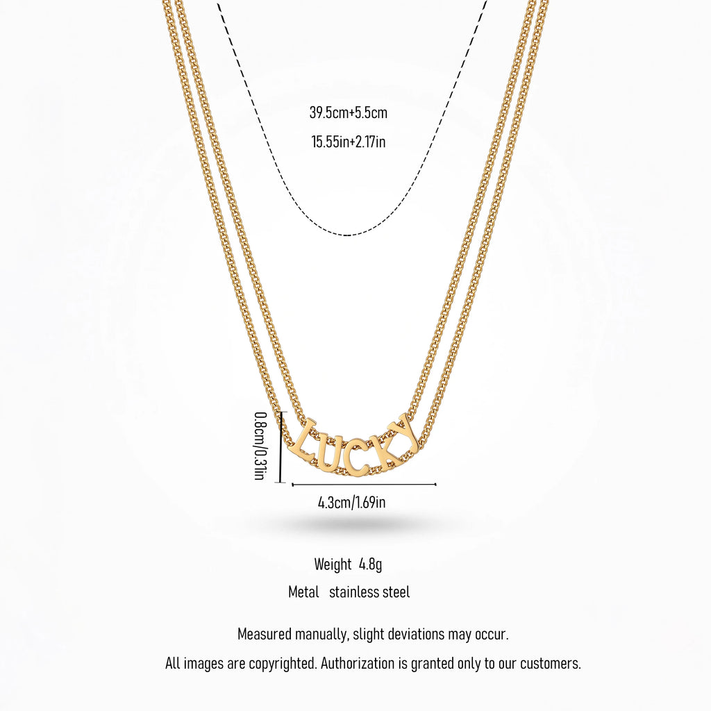 QIAOREN 13808 Double Layer Thin Curb Chain Pendant Necklace with Curved Cutout LUCKY Letter Charm, Polished Gloss Gold