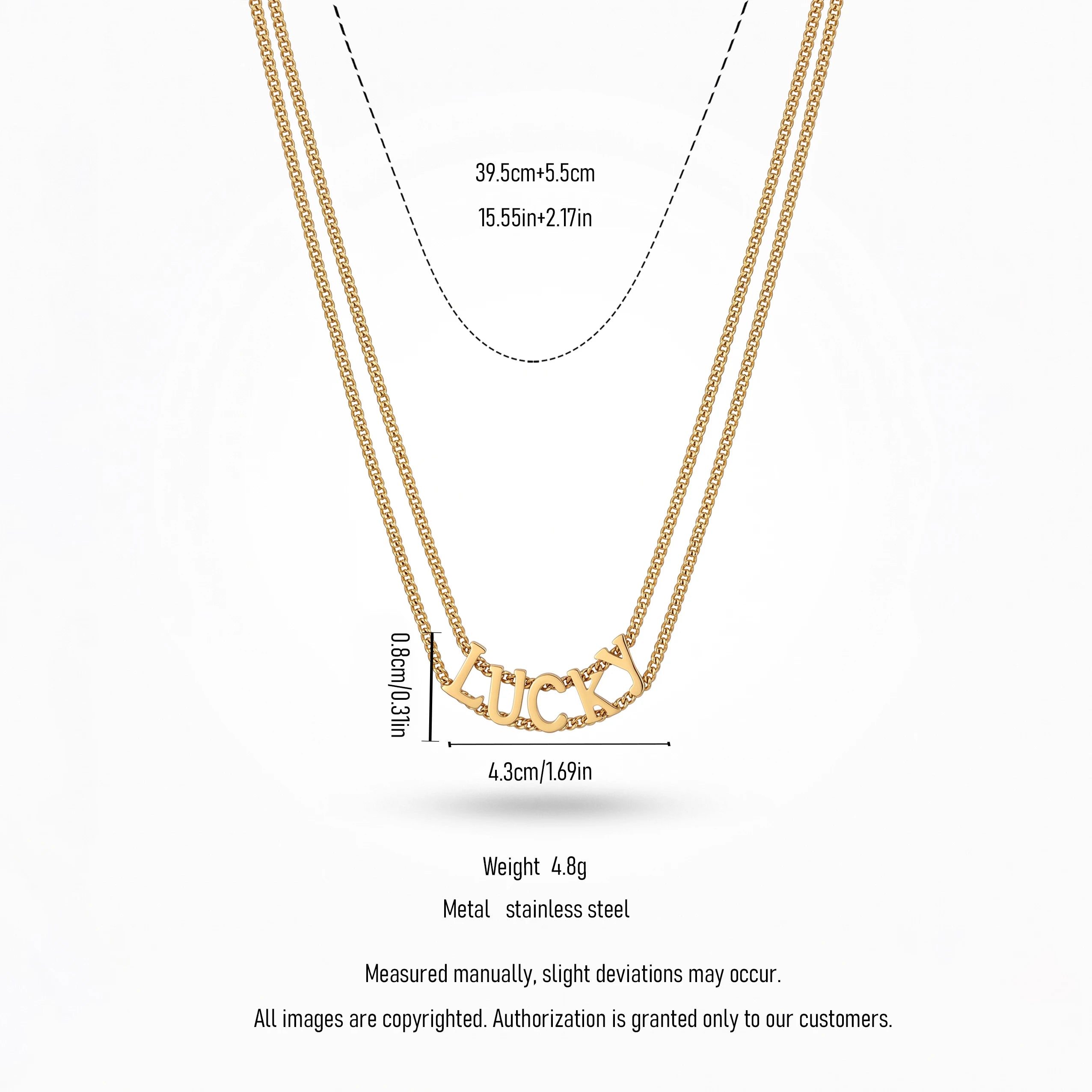 QIAOREN 13808 Double Layer Thin Curb Chain Pendant Necklace with Curved Cutout LUCKY Letter Charm, Polished Gloss Gold