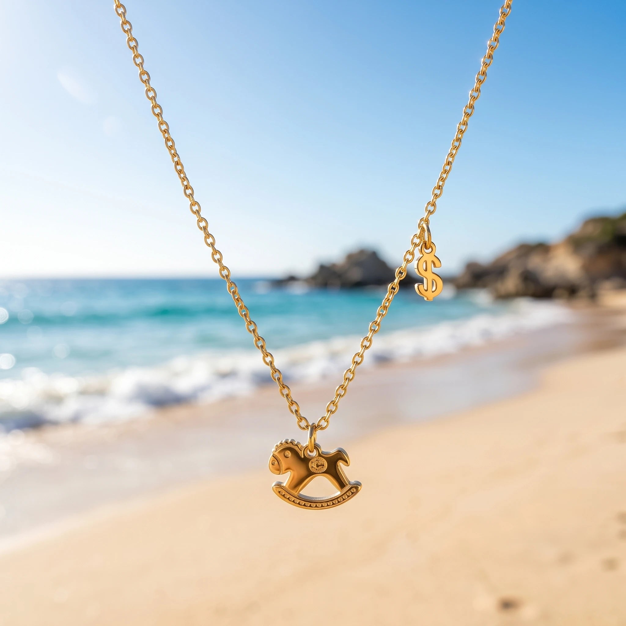 QIAOREN 13811 Thin Oval Link Chain Pendant Necklace with Engraved Rocking Horse Charm & Mini Dollar Sign Side