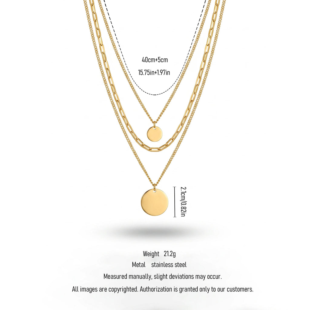 QIAOREN 11359 18K Gold Plated 3 Layered Paperclip Chain Necklace With Dual Disc Pendants Stainless Steel Tarnish Free