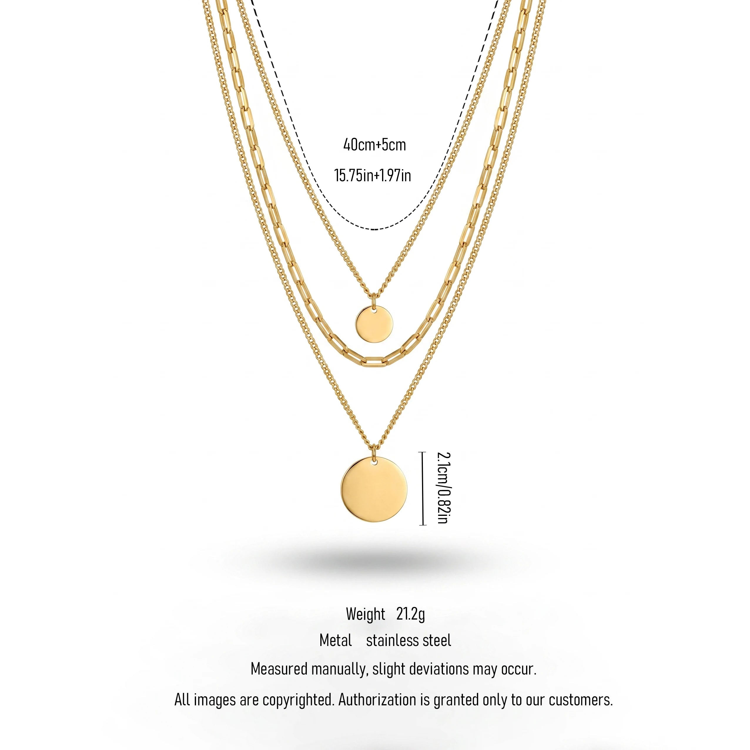 QIAOREN 11359 18K Gold Plated 3 Layered Paperclip Chain Necklace With Dual Disc Pendants Stainless Steel Tarnish Free