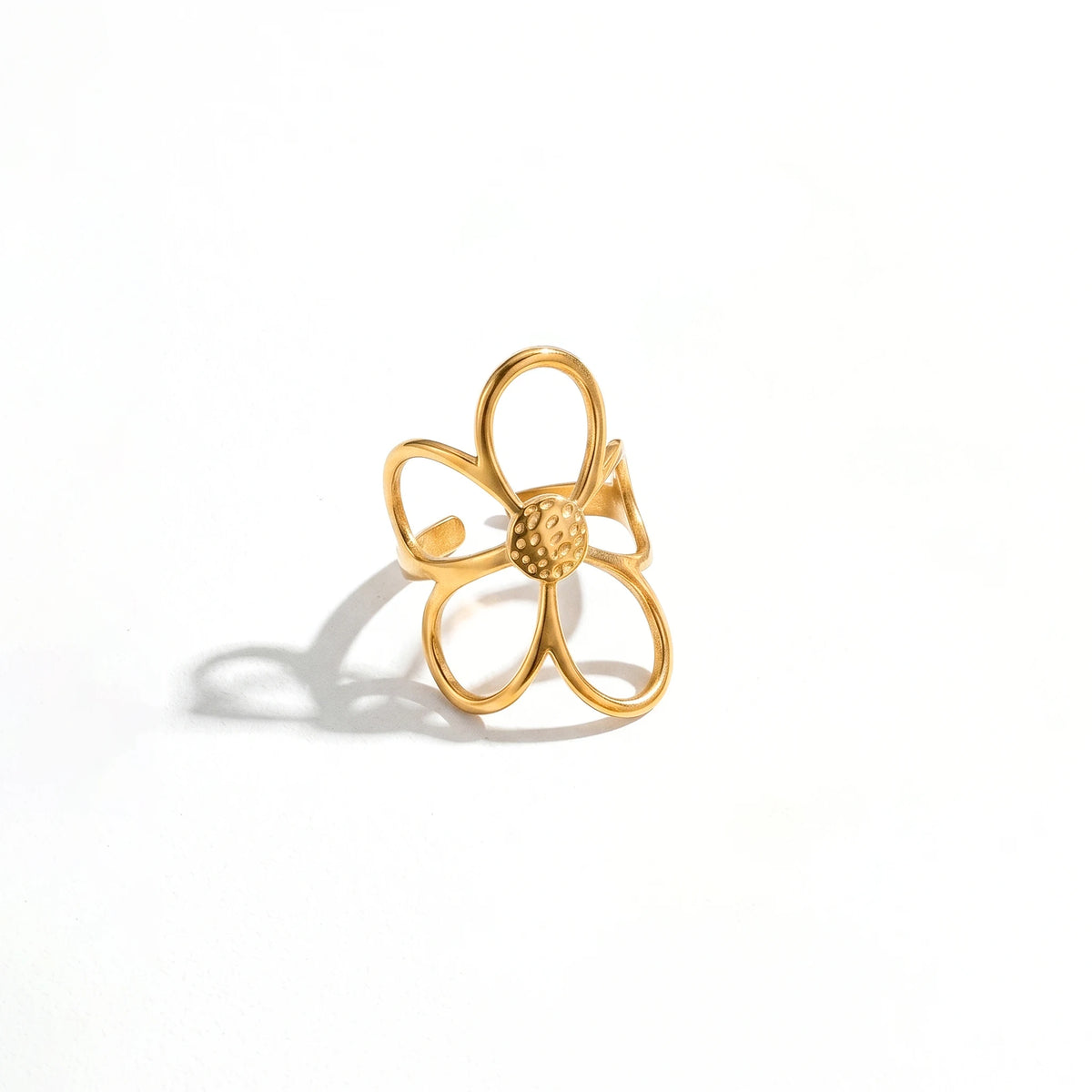 QIAOREN Stainless Steel PVD Gold Adjustable Open Rings Mixed Flower Leaf Geometric Hollow Stack Finger Jewelry For Women
