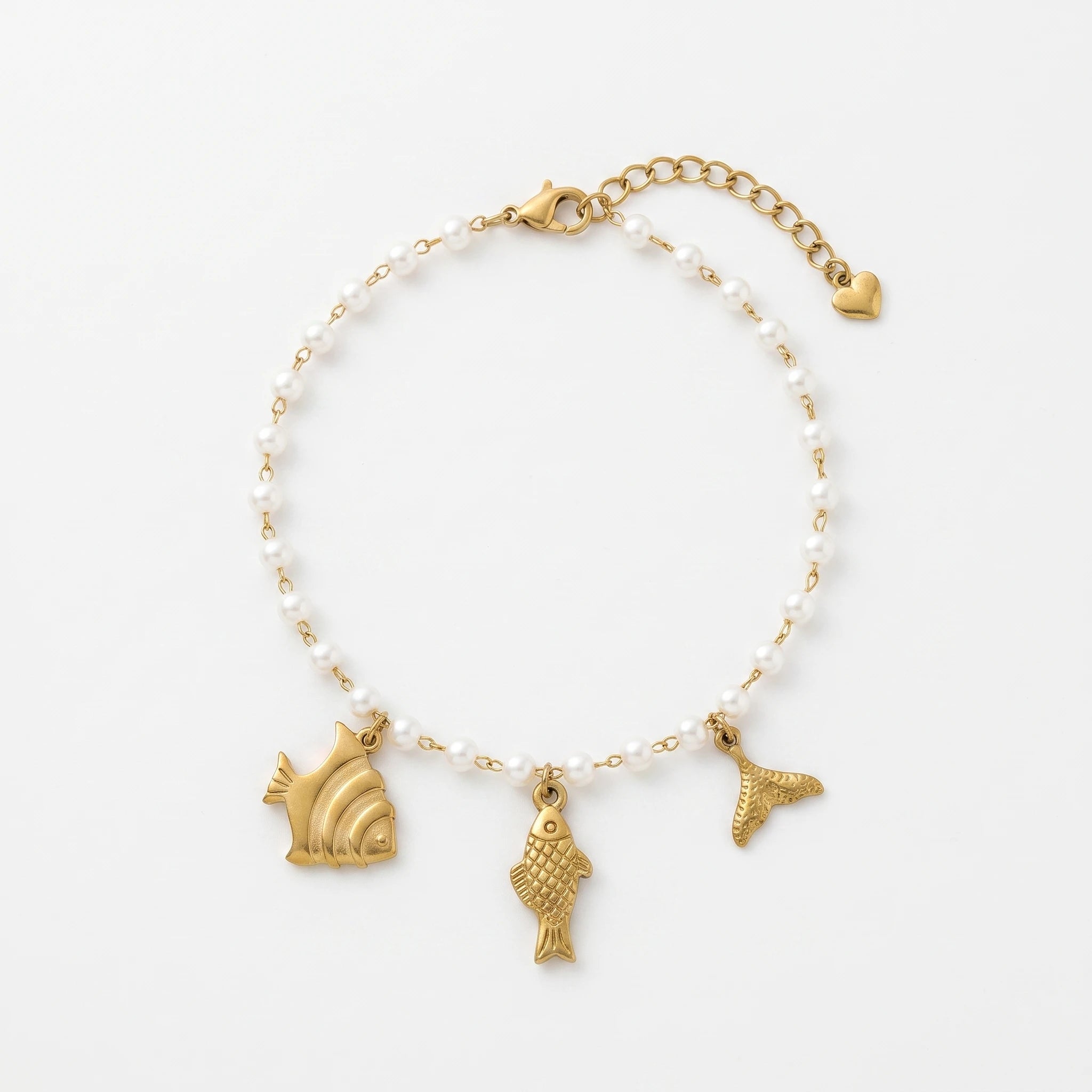 QIAOREN 13335 Ocean Themed Pearl Anklet with Flat Fish, Scaled Fish & Mermaid Tail Charms, Beach Holiday Foot Jewelry Gift