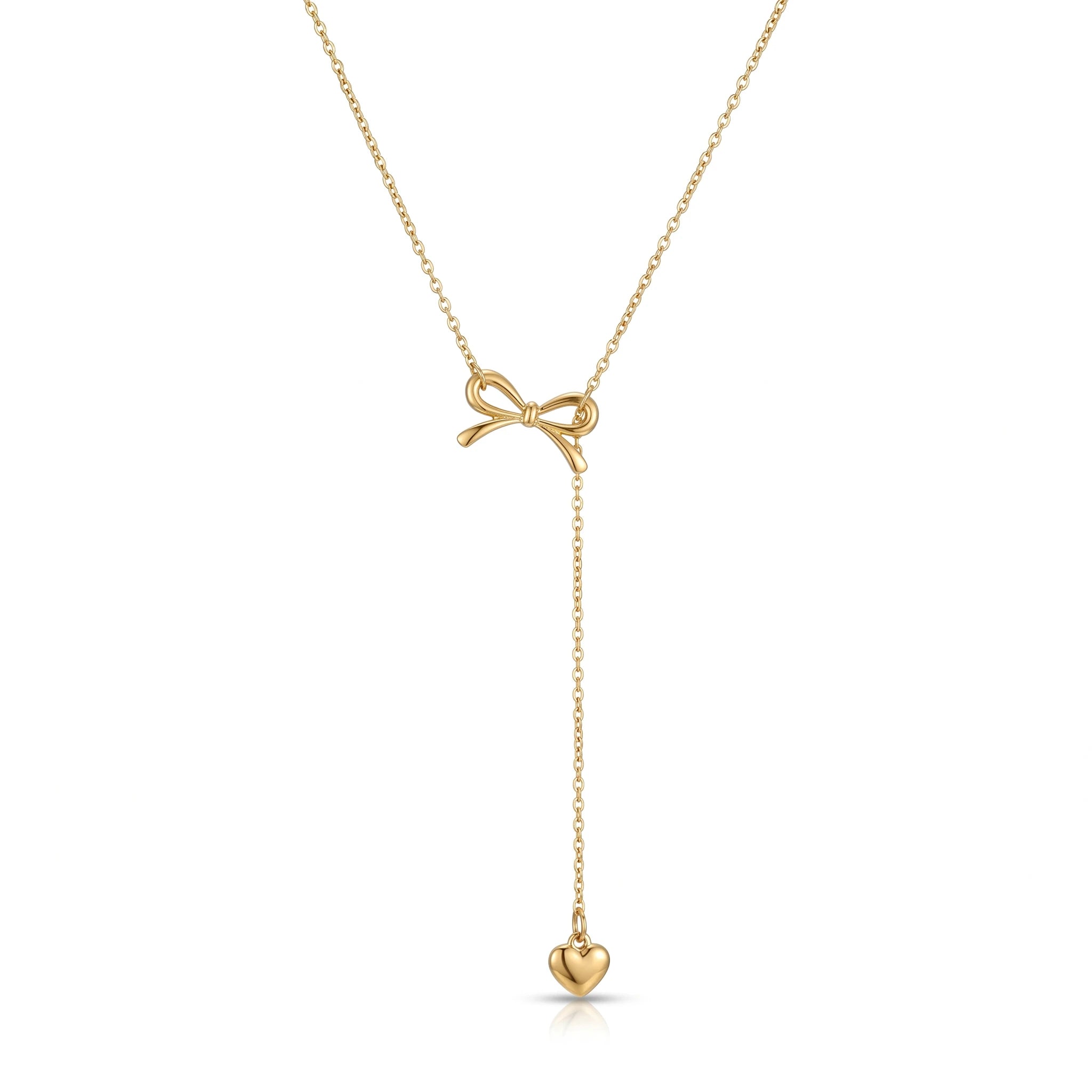 QIAOREN13155 Gold Plated Bow Knot Heart Y Necklace Stainless Steel Dainty Lariat Necklace Minimalist Jewelry for Women