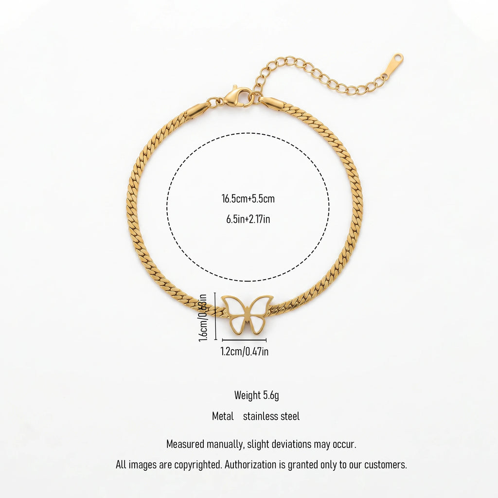 QIAOREN 13353 Gold Plated Stainless Steel Butterfly Curb Chain Bracelet Minimalist Dainty Jewelry for Women