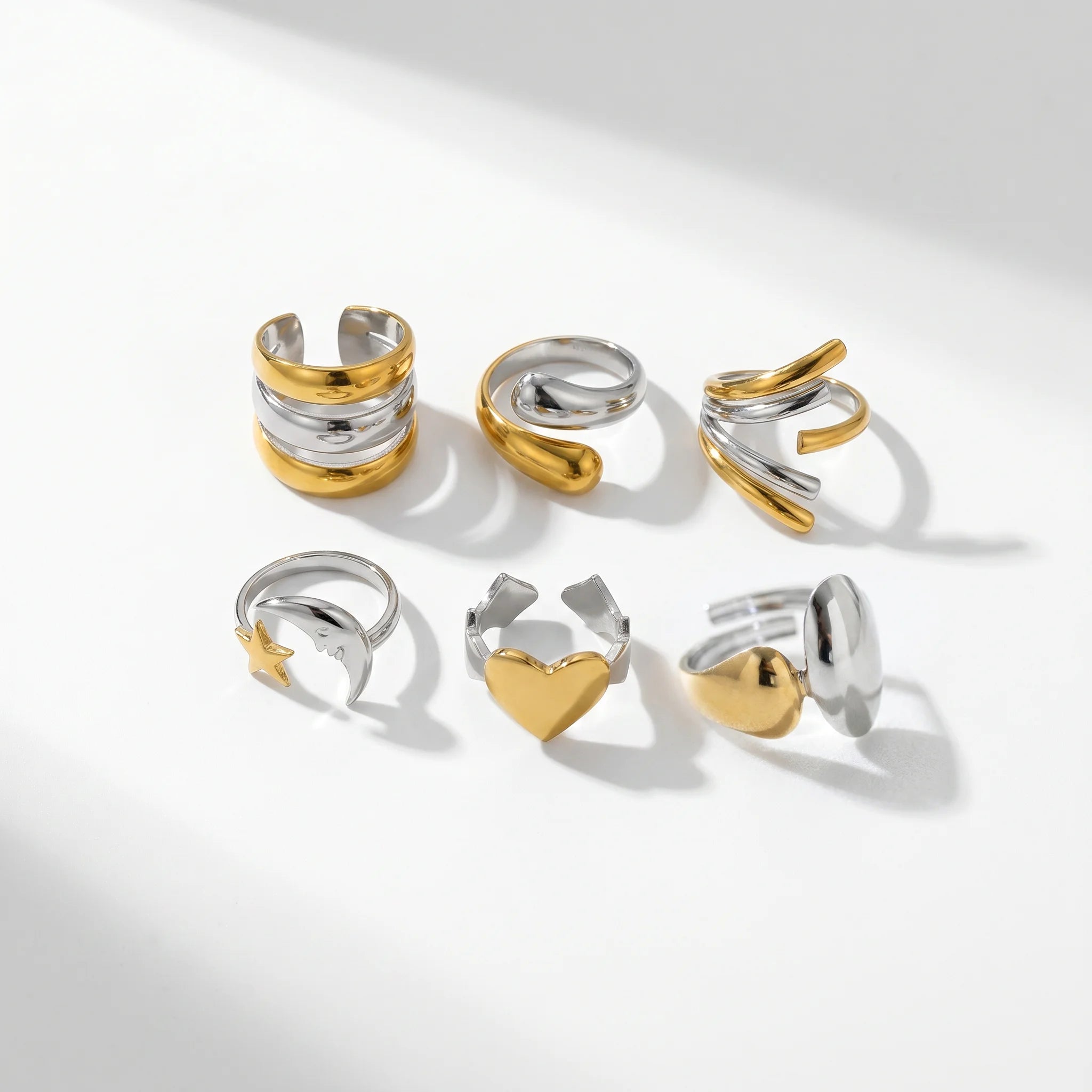 QIAOREN 12968-73 18K Gold Plated 316L Stainless Steel Two Tone Snake Star Adjustable Rings Set Tarnish Free Waterproof Jewelry