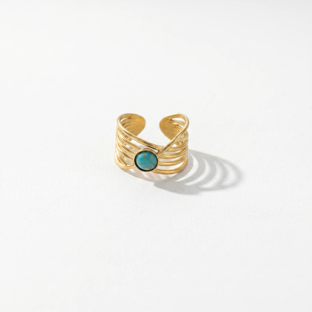 QIAOREN 5Pcs Gold Stainless Steel Turquoise Open Ring Set Irregular Hammered Crown Adjustable Boho Stackable Rings