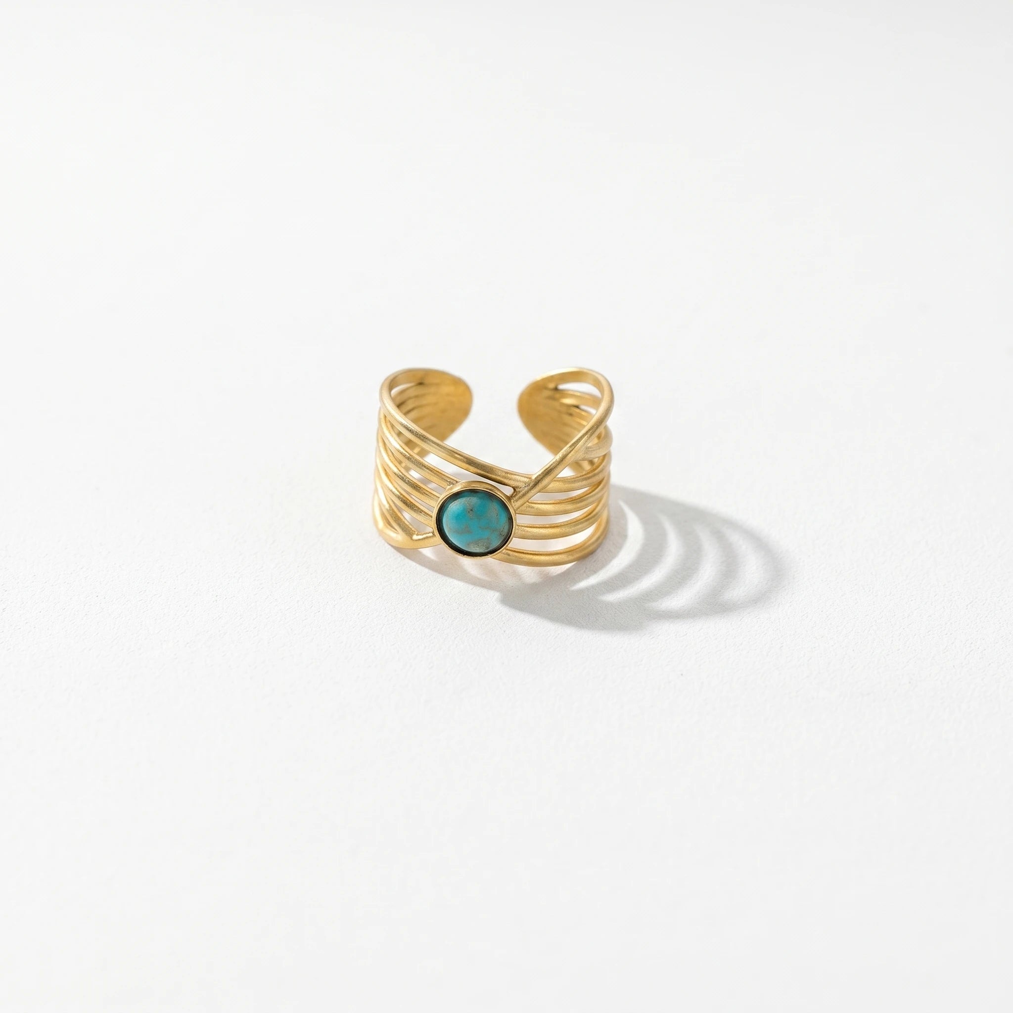 QIAOREN 5Pcs Gold Stainless Steel Turquoise Open Ring Set Irregular Hammered Crown Adjustable Boho Stackable Rings