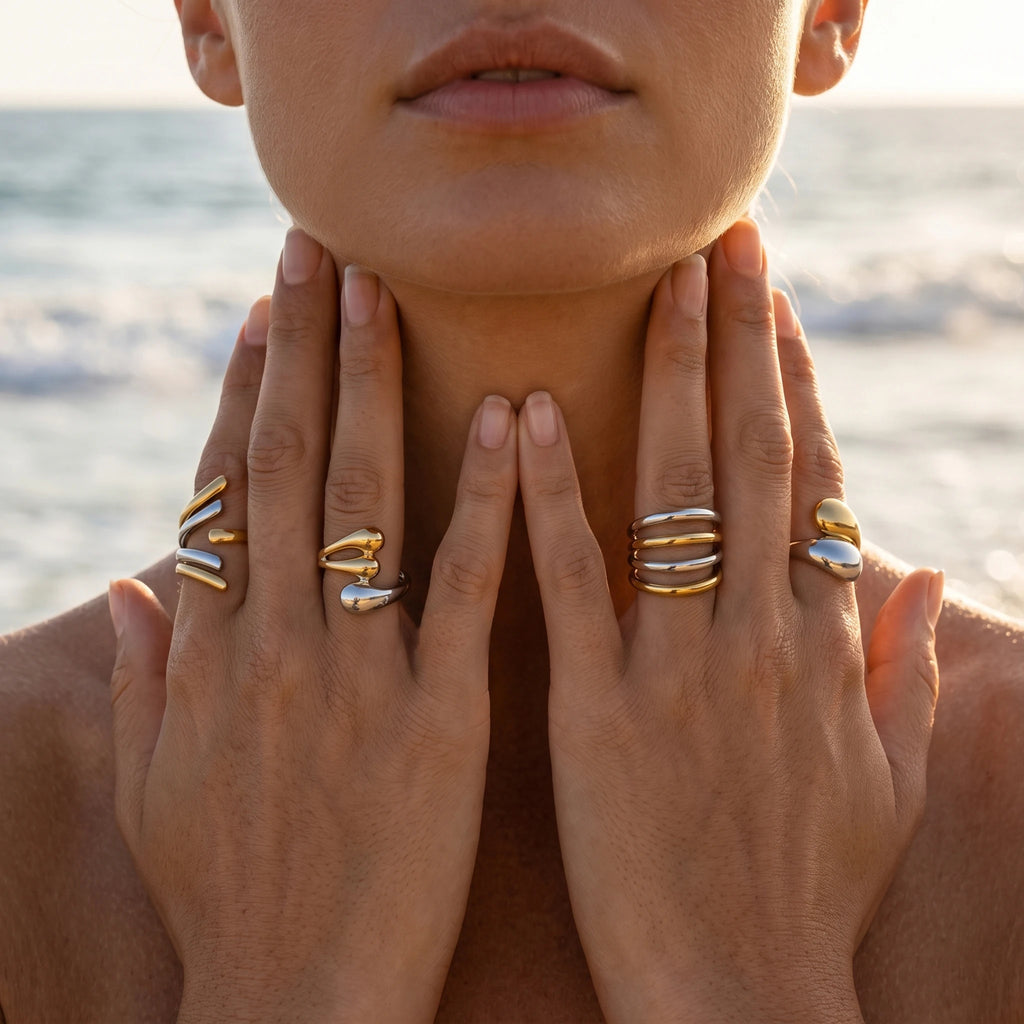 QIAOREN 12998-01 Gold Silver Plated Adjustable Open Stack Ring Set for Women Minimalist Geometric Statement Rings