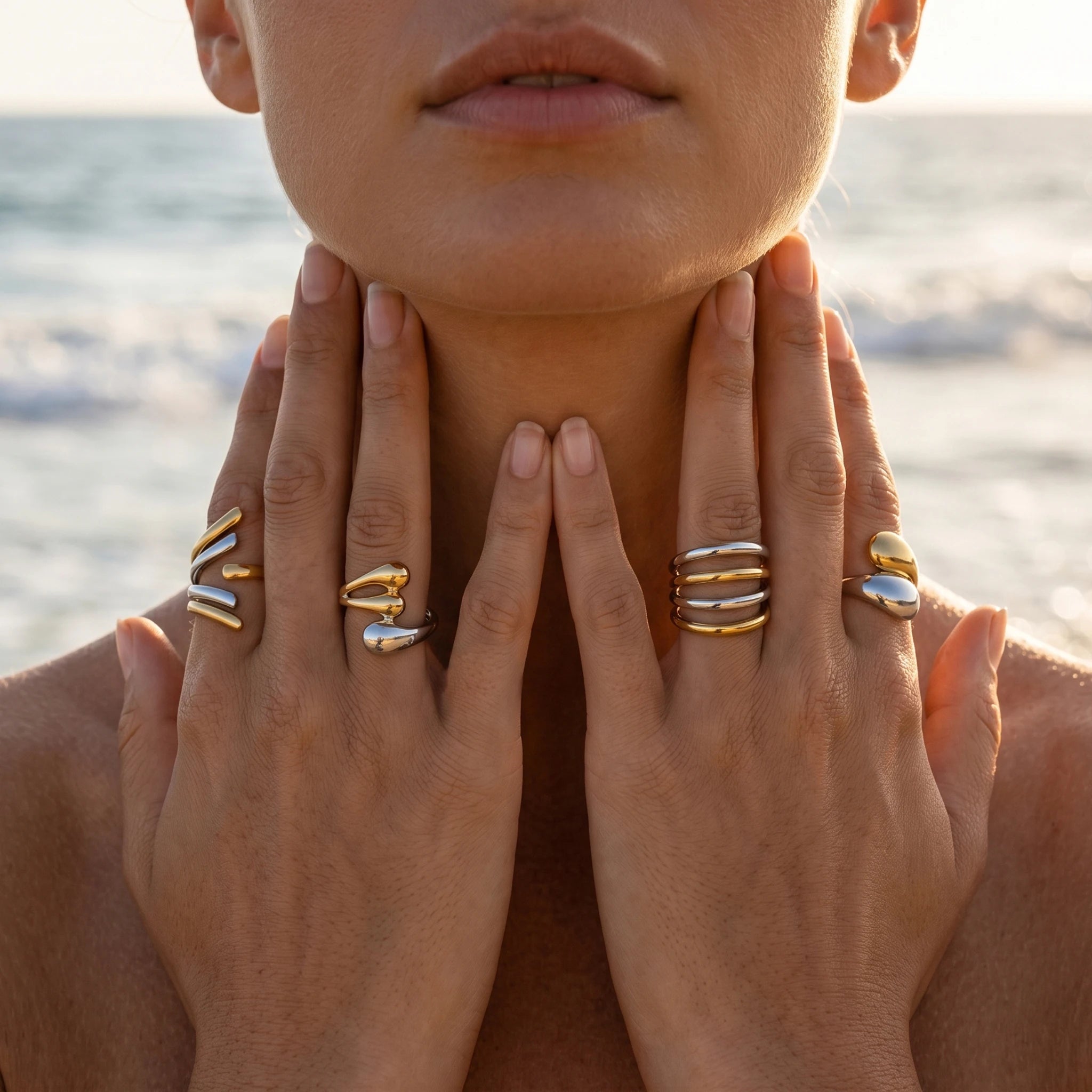QIAOREN 12998-01 Gold Silver Plated Adjustable Open Stack Ring Set for Women Minimalist Geometric Statement Rings