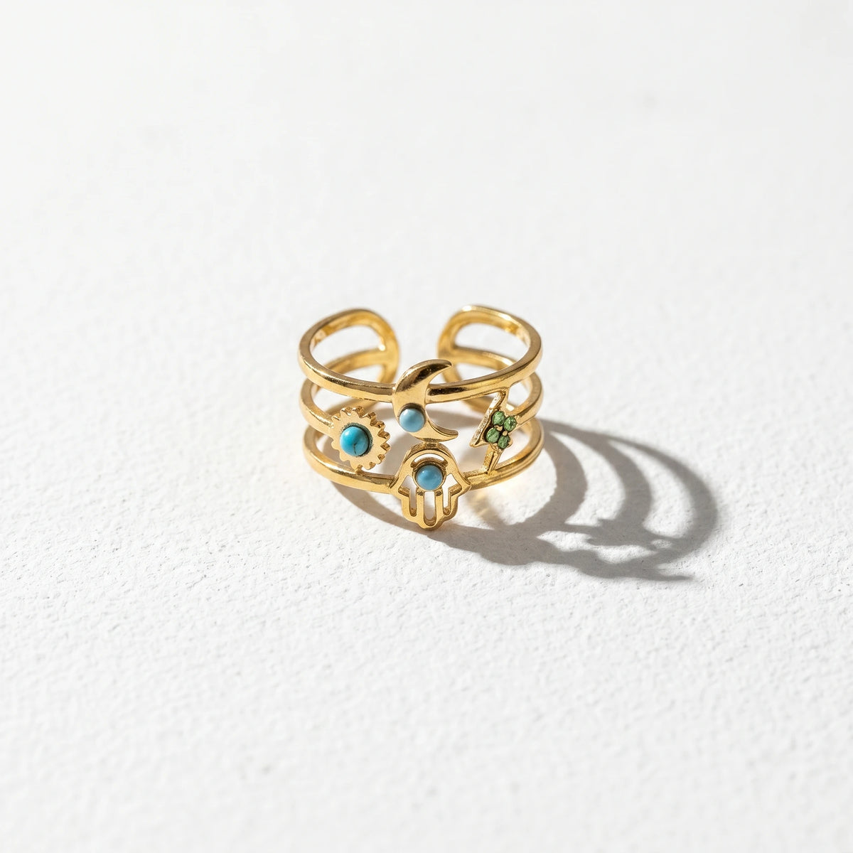 QIAOREN 5Pcs Gold Stainless Steel Turquoise Open Ring Set Irregular Hammered Crown Adjustable Boho Stackable Rings