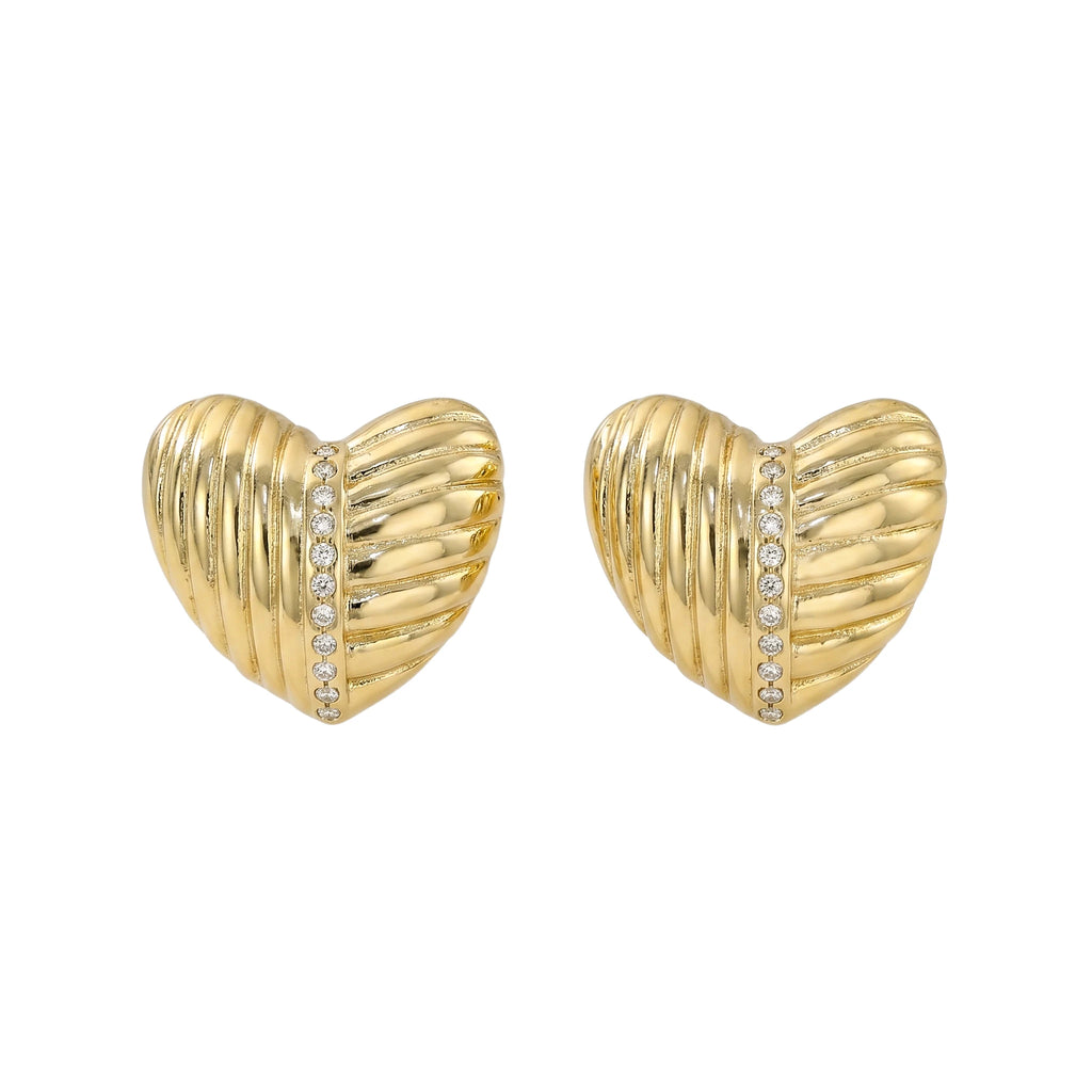 QIAOREN 12206 18K Gold Plated Striped Heart Stud Earrings Inlaid Zircon Stainless Steel Textured Love Ear Jewelry for Women