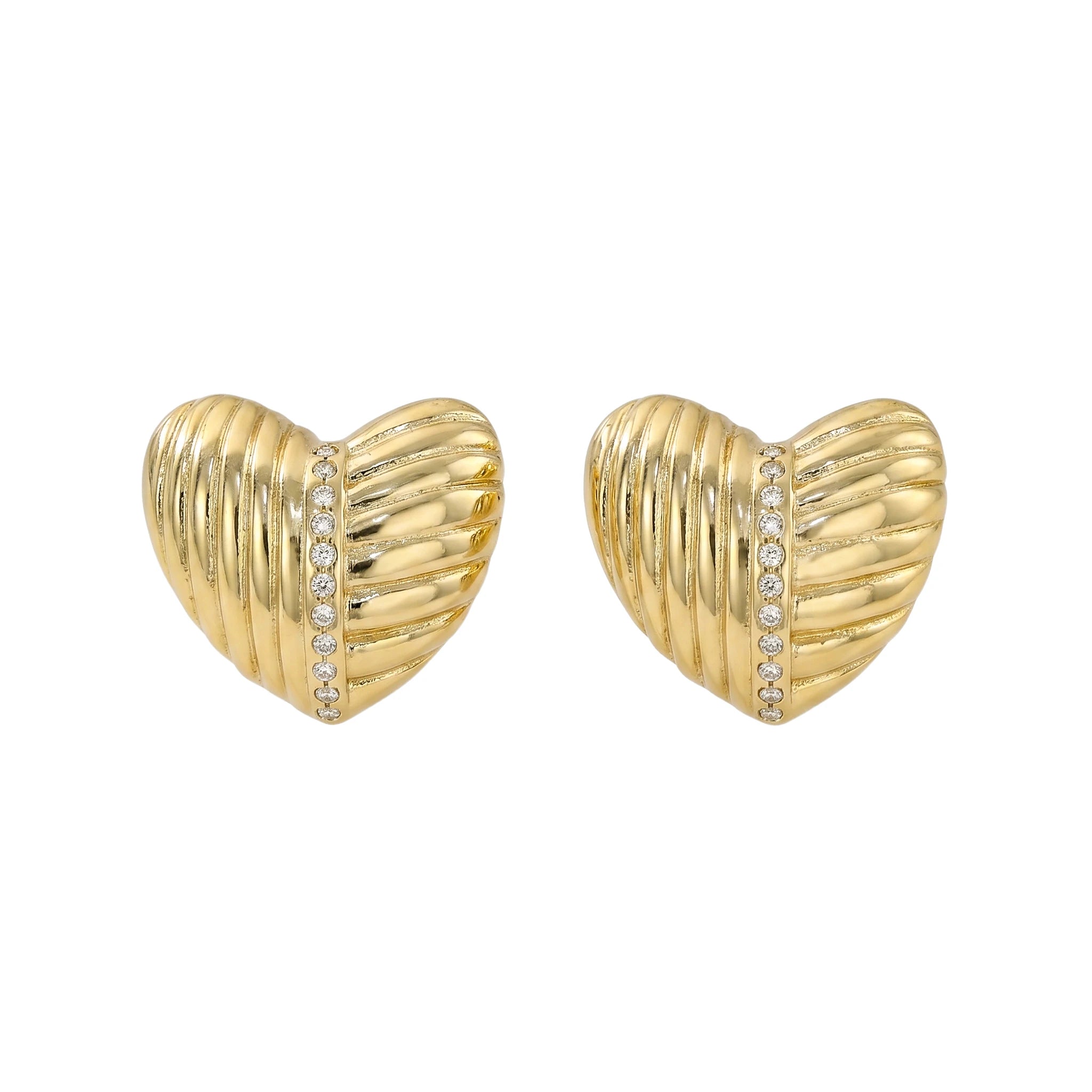 QIAOREN 12206 18K Gold Plated Striped Heart Stud Earrings Inlaid Zircon Stainless Steel Textured Love Ear Jewelry for Women