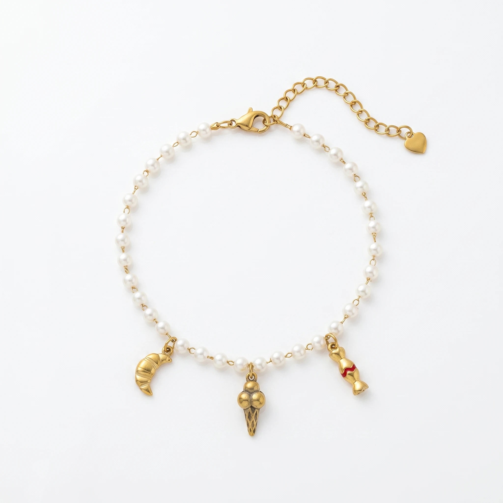 QIAOREN 13310 Pearl Beaded Anklet Gold Stainless Steel Ice-cream Candy Bread Charms Extender Dainty Summer Jewelry Gift