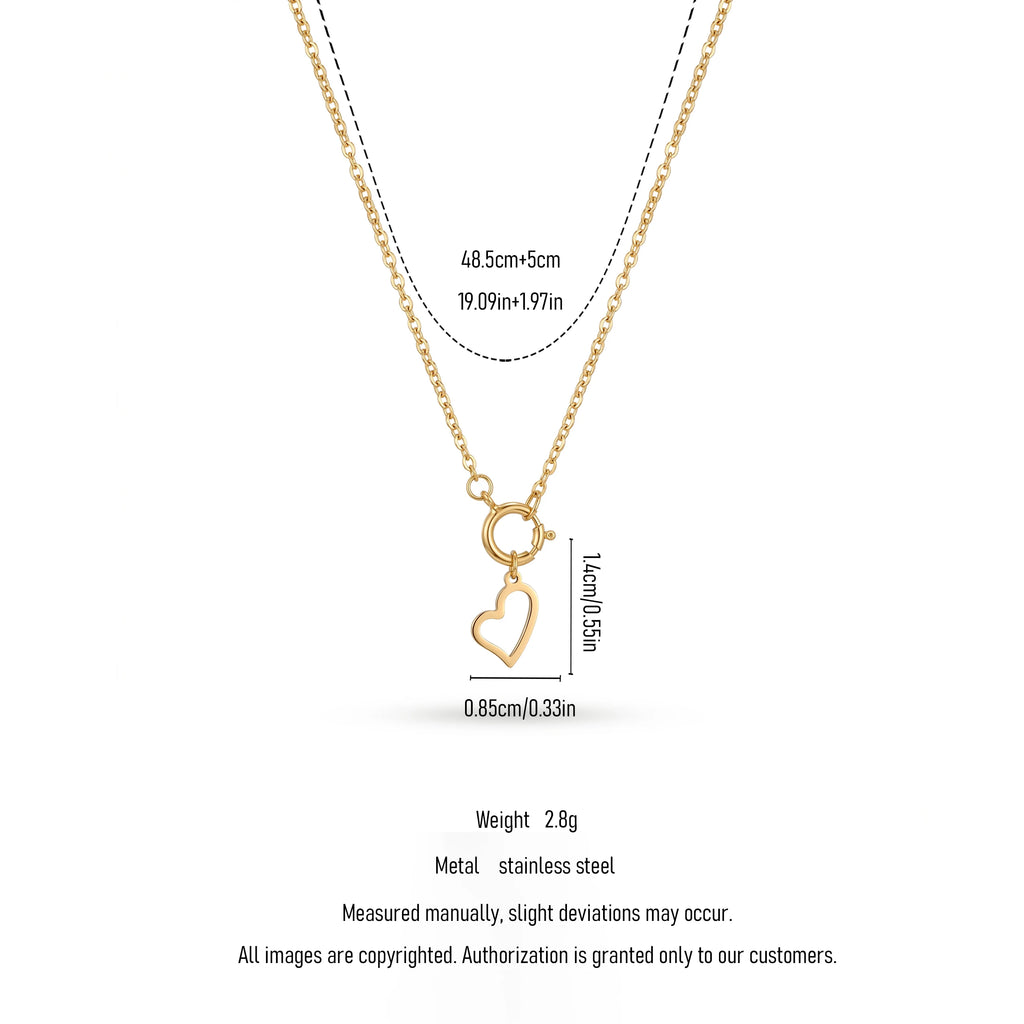 QIAOREN 11961 Pendant Necklaces Gold Plated Stainless Steel Hollow Open Heart Charm Rolo Chain Necklace