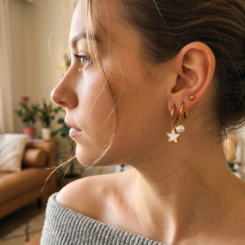 QIAOREN 14499 3 Pcs Stainless Steel Earring Set, Gold Ball Studs Plain White Star Pearl Dangle Earrings Multi Pack Fashion Gift