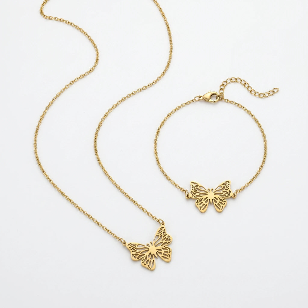 QIAOREN 12234 Trendy 2Pcs Hollow Butterfly Necklace Bracelet Set Gold Stainless Steel Filigree Aesthetic Jewelry for Women US EU