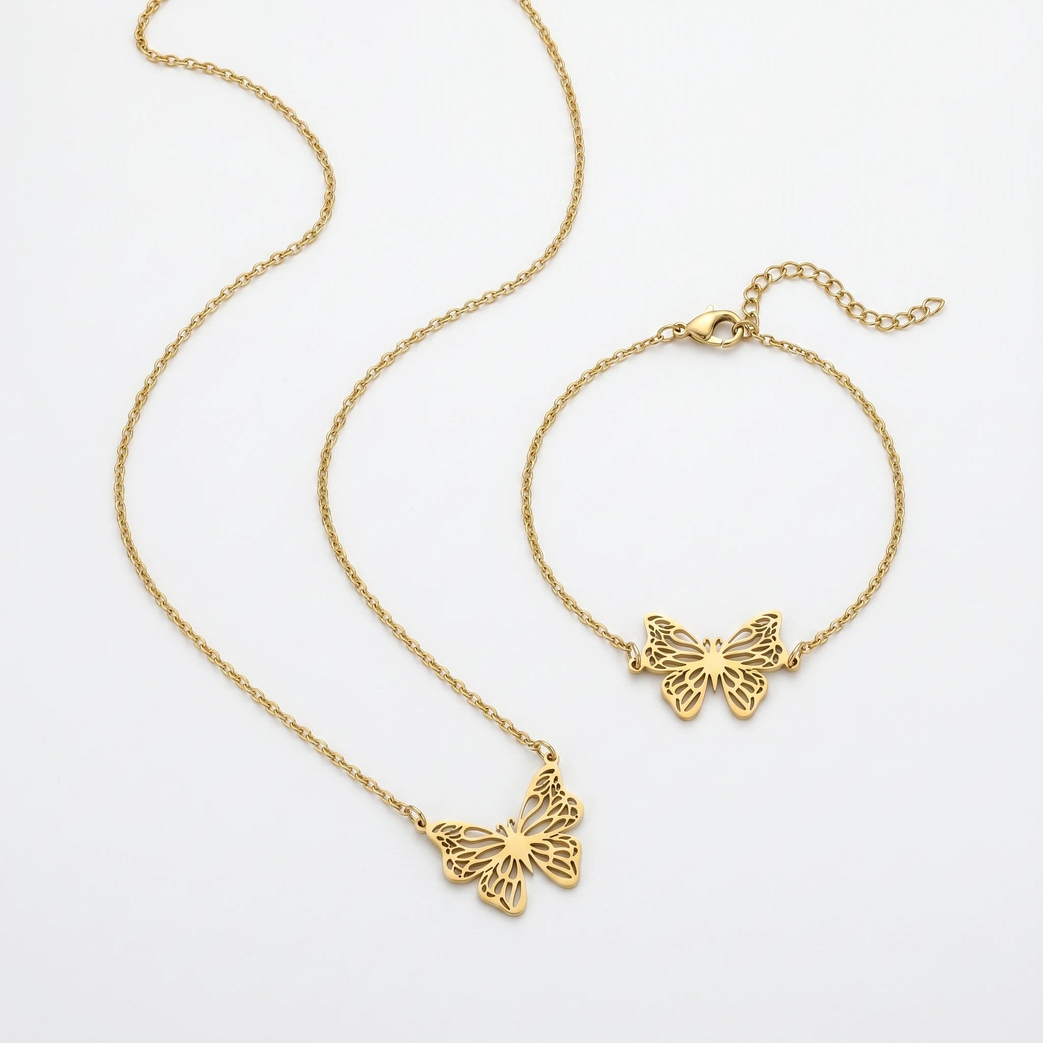 QIAOREN 12234 Trendy 2Pcs Hollow Butterfly Necklace Bracelet Set Gold Stainless Steel Filigree Aesthetic Jewelry for Women US EU