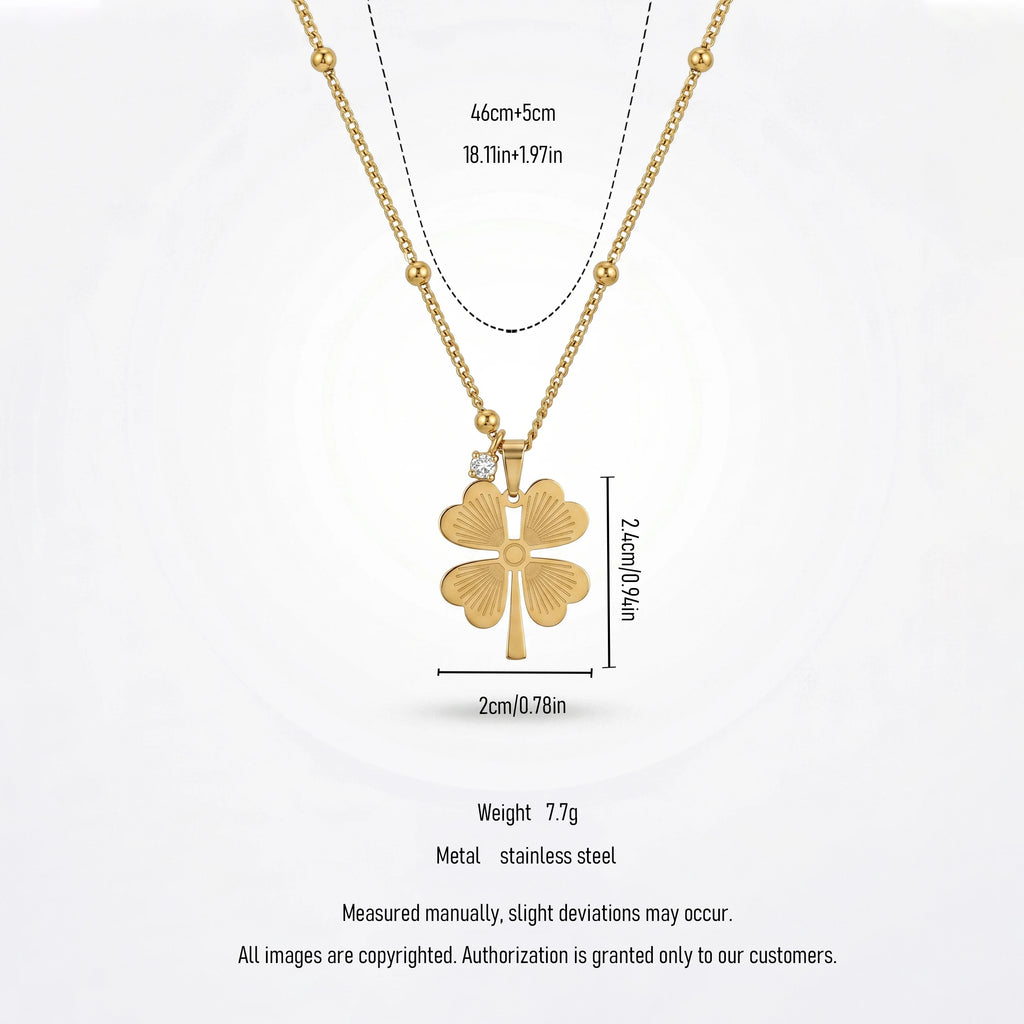 QIAOREN 12896 18K Gold Plated Four Leaf Clover Necklace, Waterproof Tarnish Free Stainless Steel Lucky Clover Satellite Chain