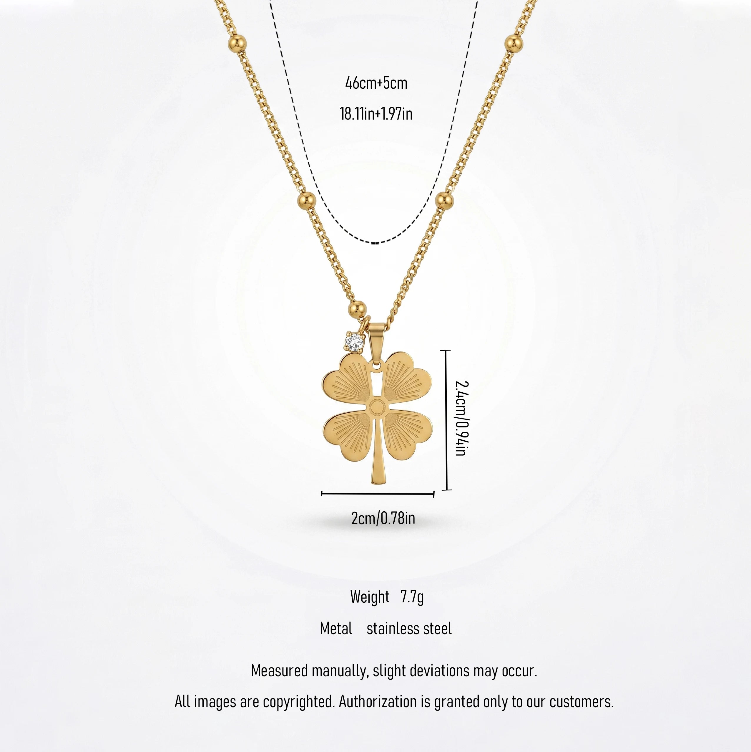 QIAOREN 12896 18K Gold Plated Four Leaf Clover Necklace, Waterproof Tarnish Free Stainless Steel Lucky Clover Satellite Chain