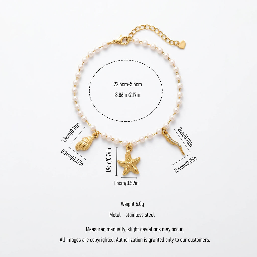 QIAOREN 13319 Ocean Style Pearl Anklet with Starfish, Conch & Rhinestone Tentacle Charms, Beach Vacation Foot Jewelry Gift