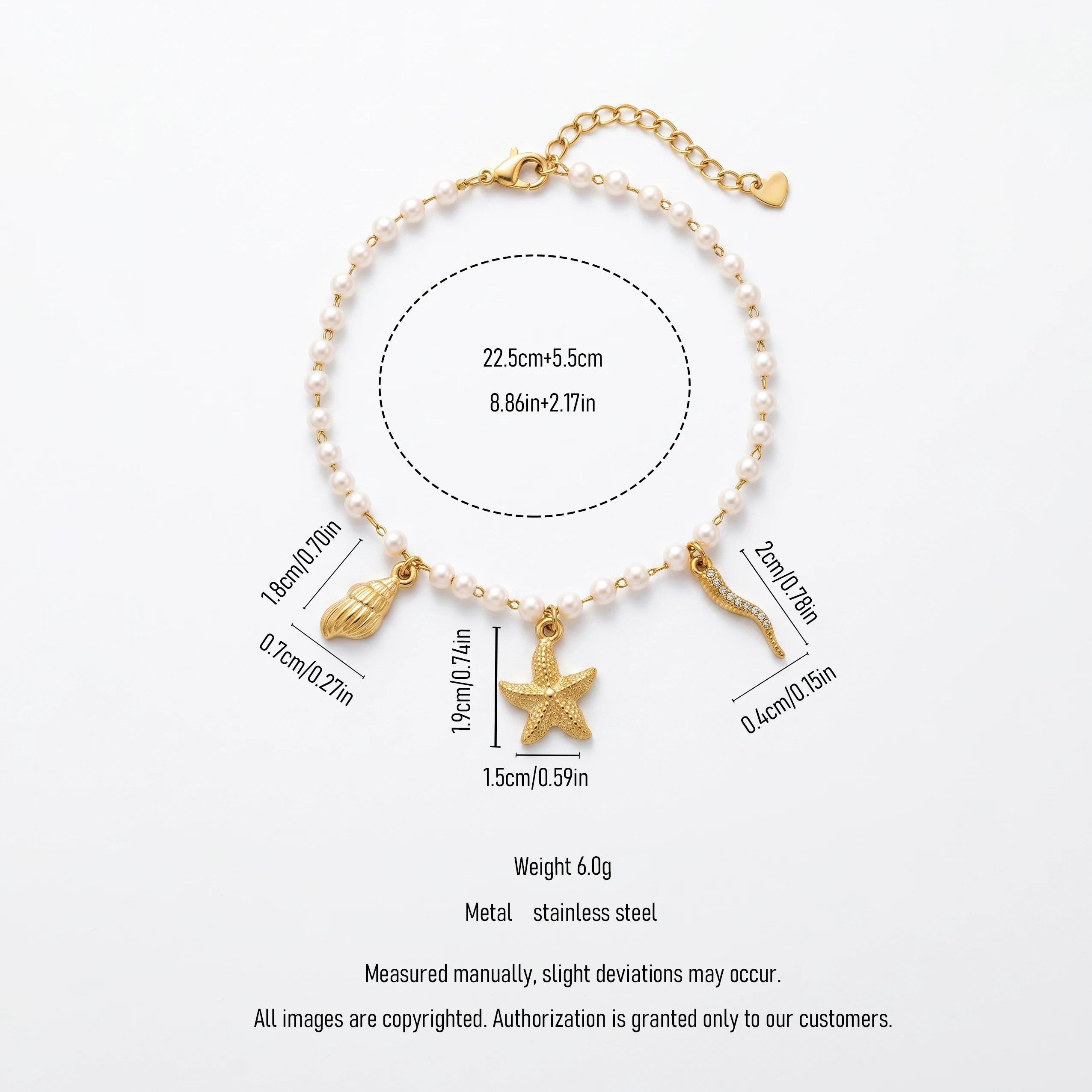 QIAOREN 13319 Ocean Style Pearl Anklet with Starfish, Conch & Rhinestone Tentacle Charms, Beach Vacation Foot Jewelry Gift