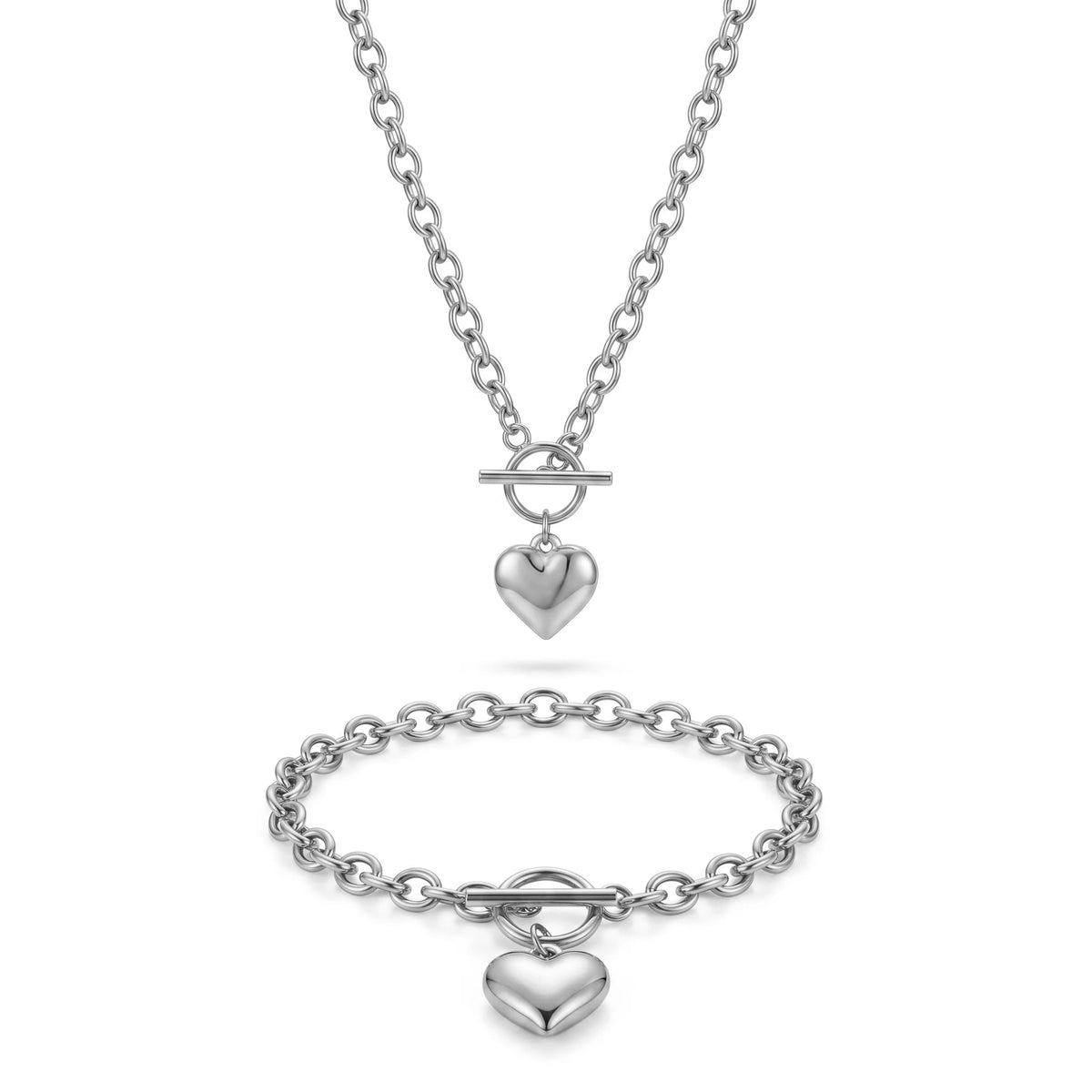QIAOREN 10670 Trendy Heart Pendant Toggle Clasp Necklace Bracelet Set 18K Gold Stainless Steel Hypoallergenic Fashion Jewelry