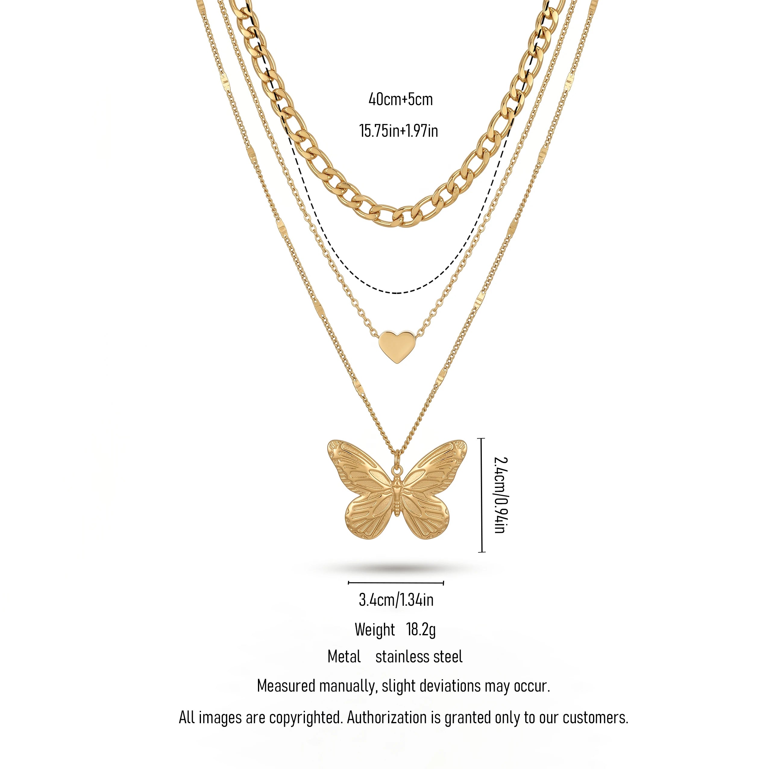 QIAOREN 11325 Dainty Chunky Figaro Chain Layered Necklace With Butterfly & Heart Charms 18K Gold Plated Stainless Steel