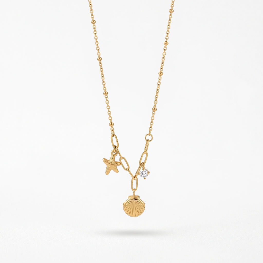 QIAOREN 13549 Stainless Steel Starfish Seashell Charm Necklace Gold Coastal Beach Pendant Paperclip Chain Jewelry for Women