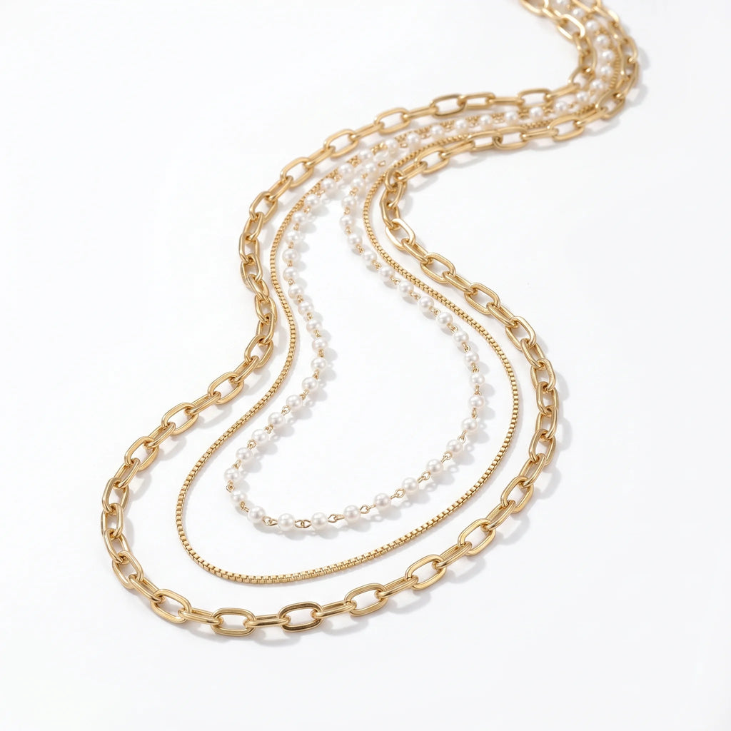 QIAOREN 11353 18K Gold Plated 3 Layered Pearl & Paperclip Chain Necklace Stainless Steel Tarnish Free